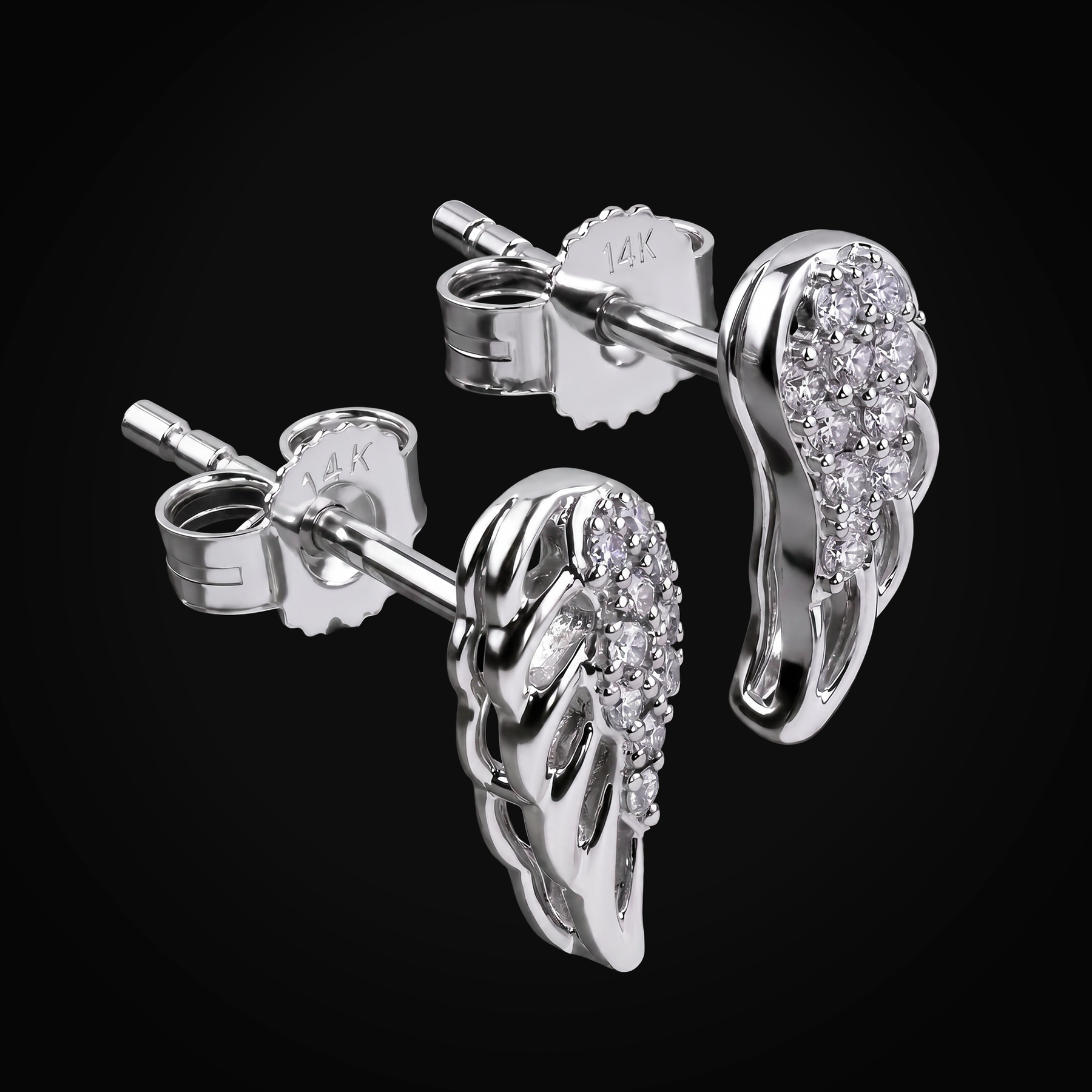 Broqueles 14k Oro Blanco "Alas" Full Ice Plumas Huecas + Estuche