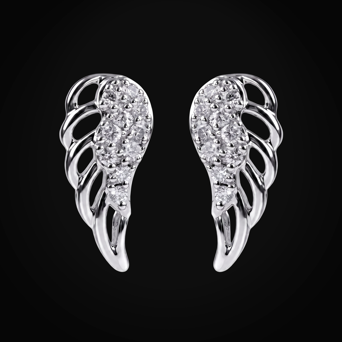 Broqueles 14k Oro Blanco "Alas" Full Ice Plumas Huecas + Estuche