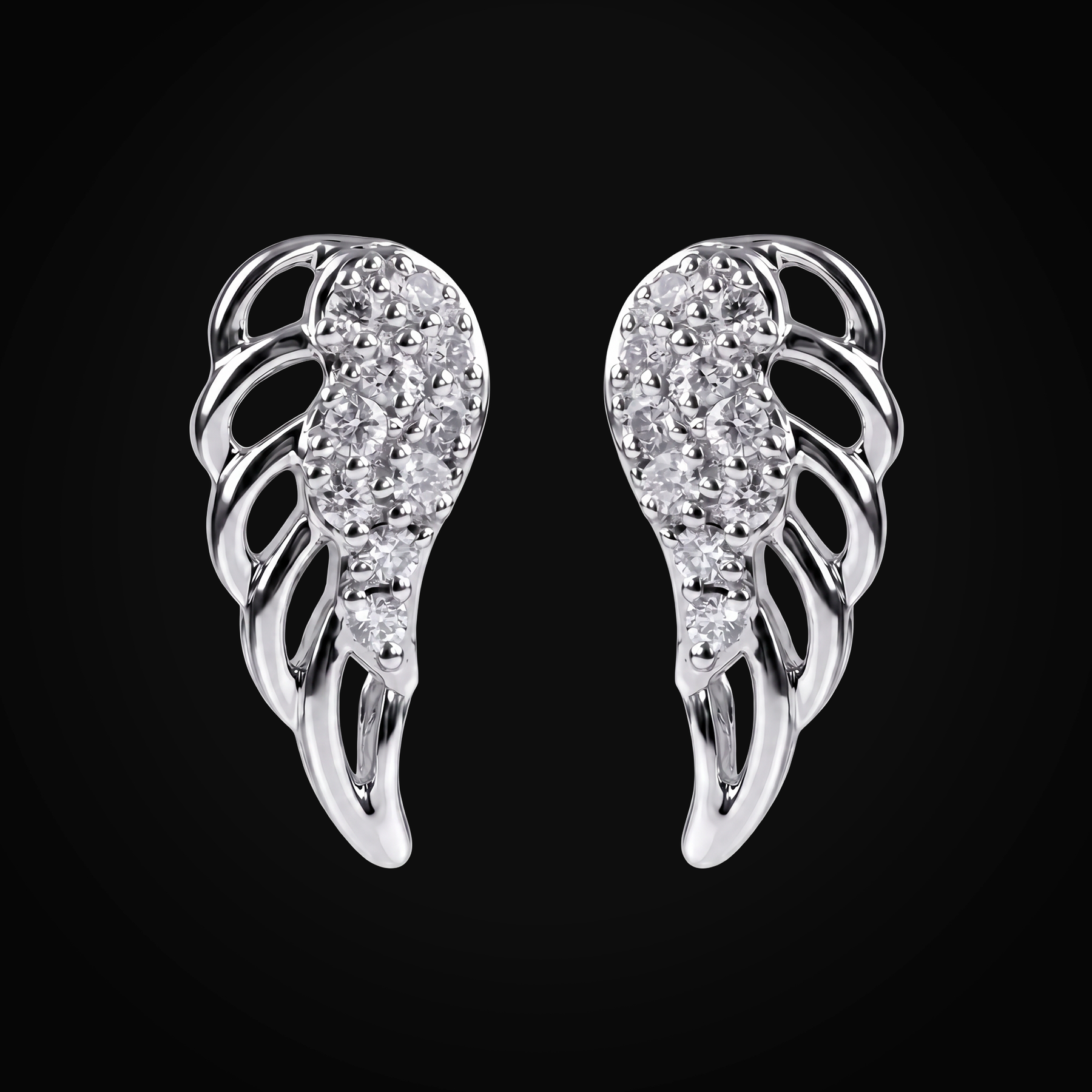 Broqueles 14k Oro Blanco "Alas" Full Ice Plumas Huecas + Estuche