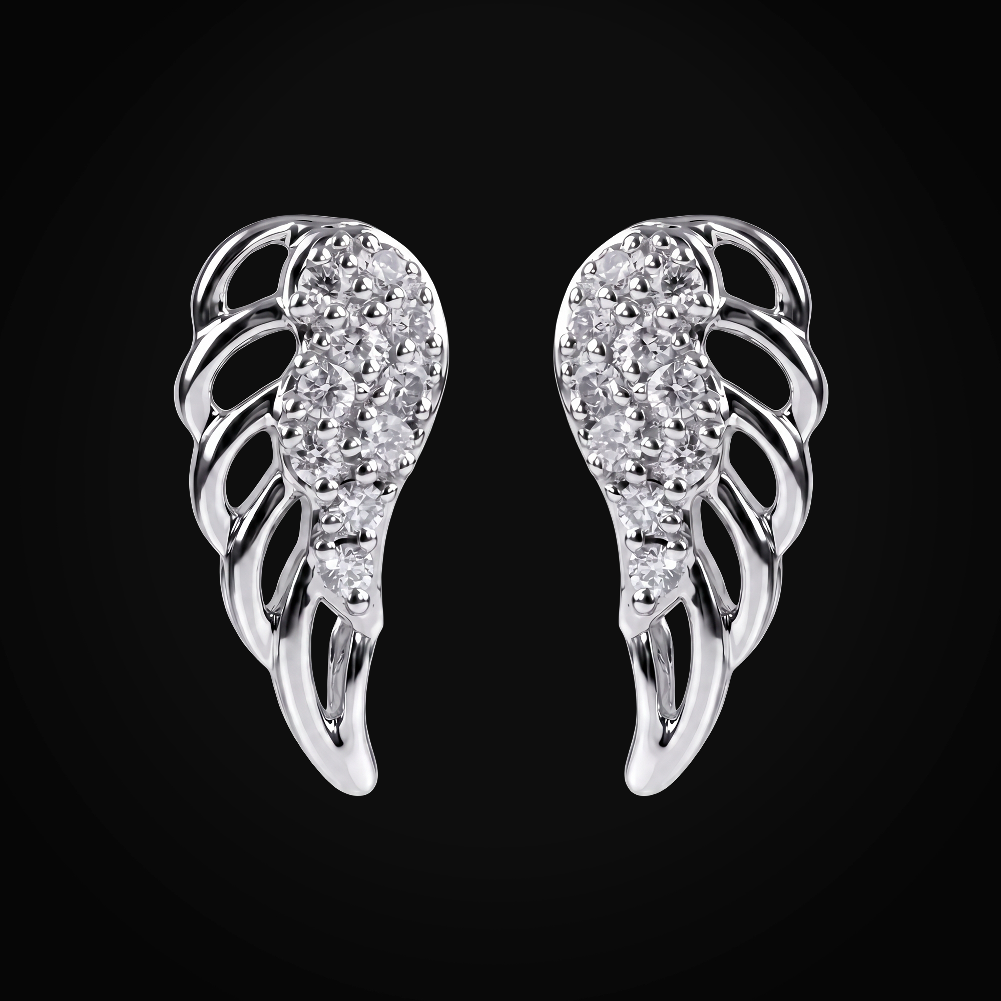 Broqueles 14k Oro Blanco "Alas" Full Ice Plumas Huecas + Estuche