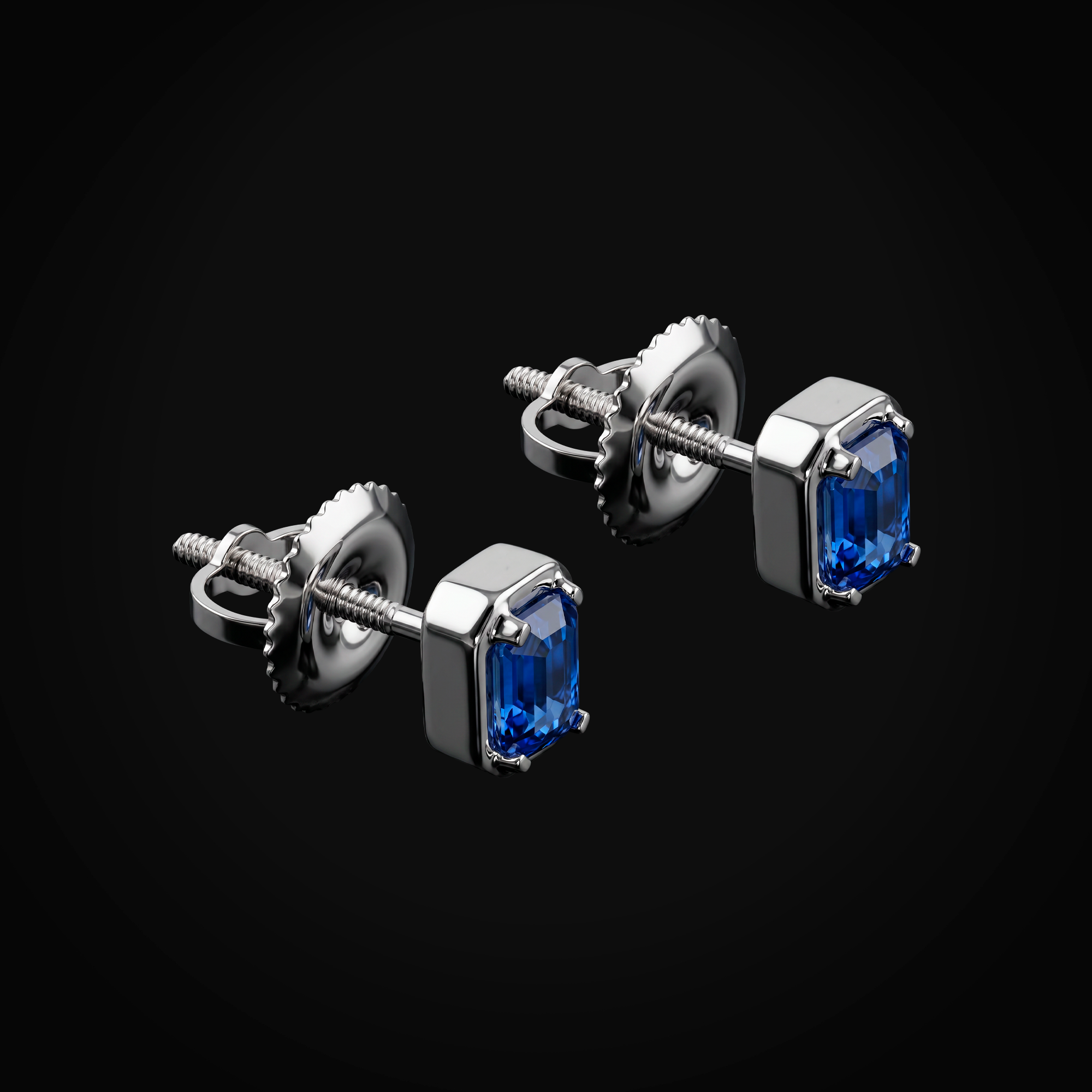 Broqueles 14k Oro Blanco Con Bisel Y Zafiros Azules Corte Esmeralda + Estuche