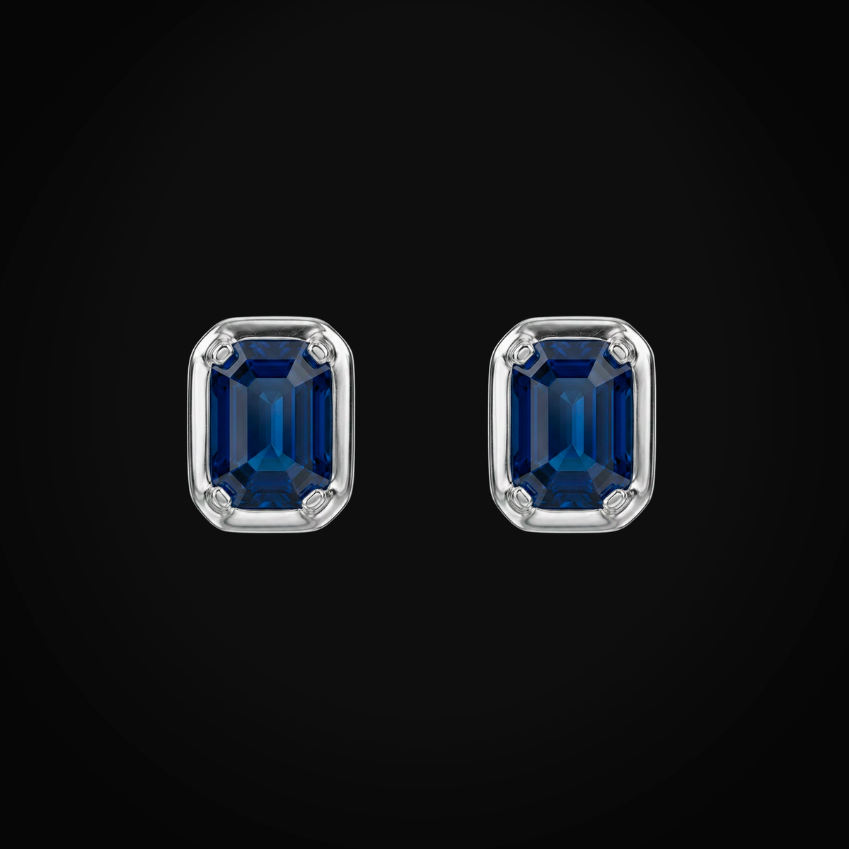 Broqueles 14k Oro Blanco Con Bisel Y Zafiros Azules Corte Esmeralda + Estuche