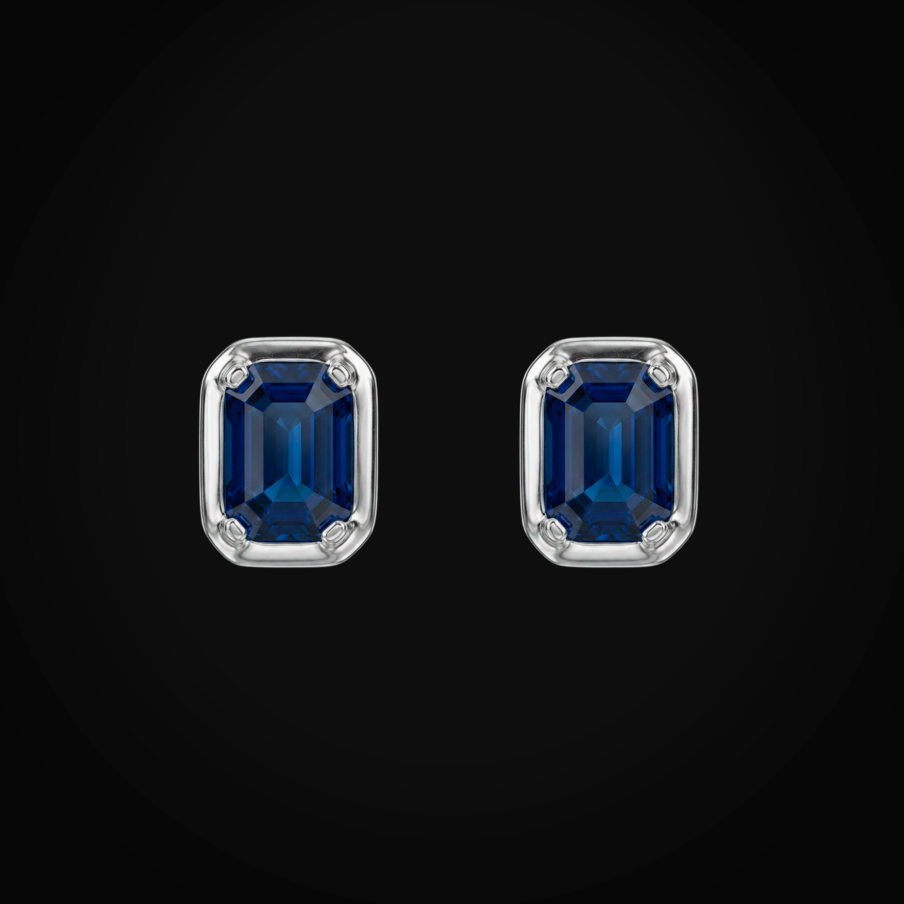 Broqueles 14k Oro Blanco Con Bisel Y Zafiros Azules Corte Esmeralda + Estuche