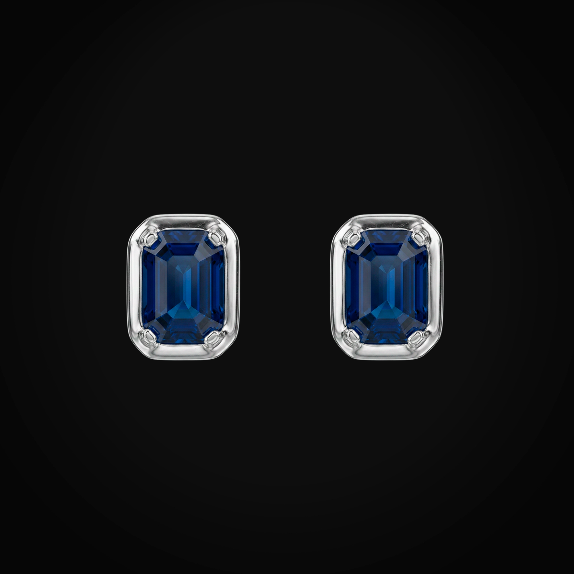 Broqueles 14k Oro Blanco Con Bisel Y Zafiros Azules Corte Esmeralda + Estuche