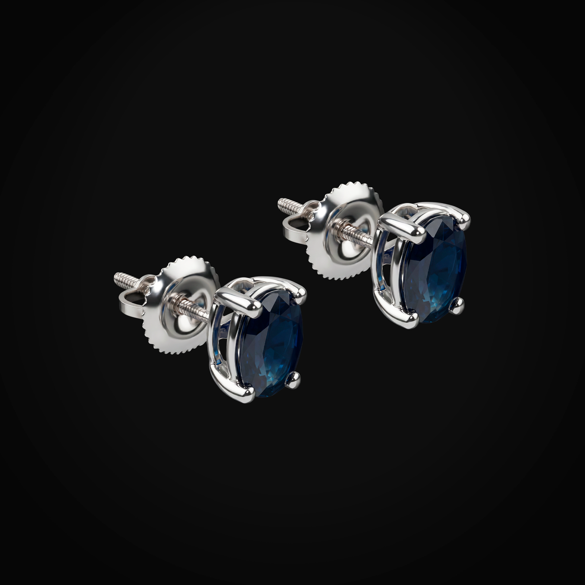 Broqueles 14k Oro Blanco Solitario Zafiros Azules Corte Oval + Estuche