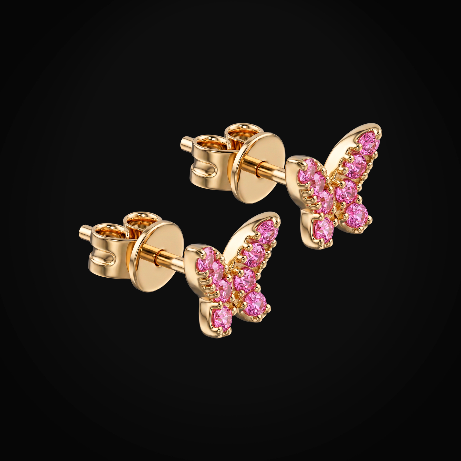 Broqueles 14k Oro Amarillo Mariposa Full Zafiros Rosas Corte Brillante + Estuche
