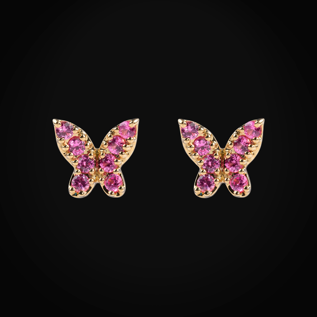 Broqueles 14k Oro Amarillo Mariposa Full Zafiros Rosas Corte Brillante + Estuche