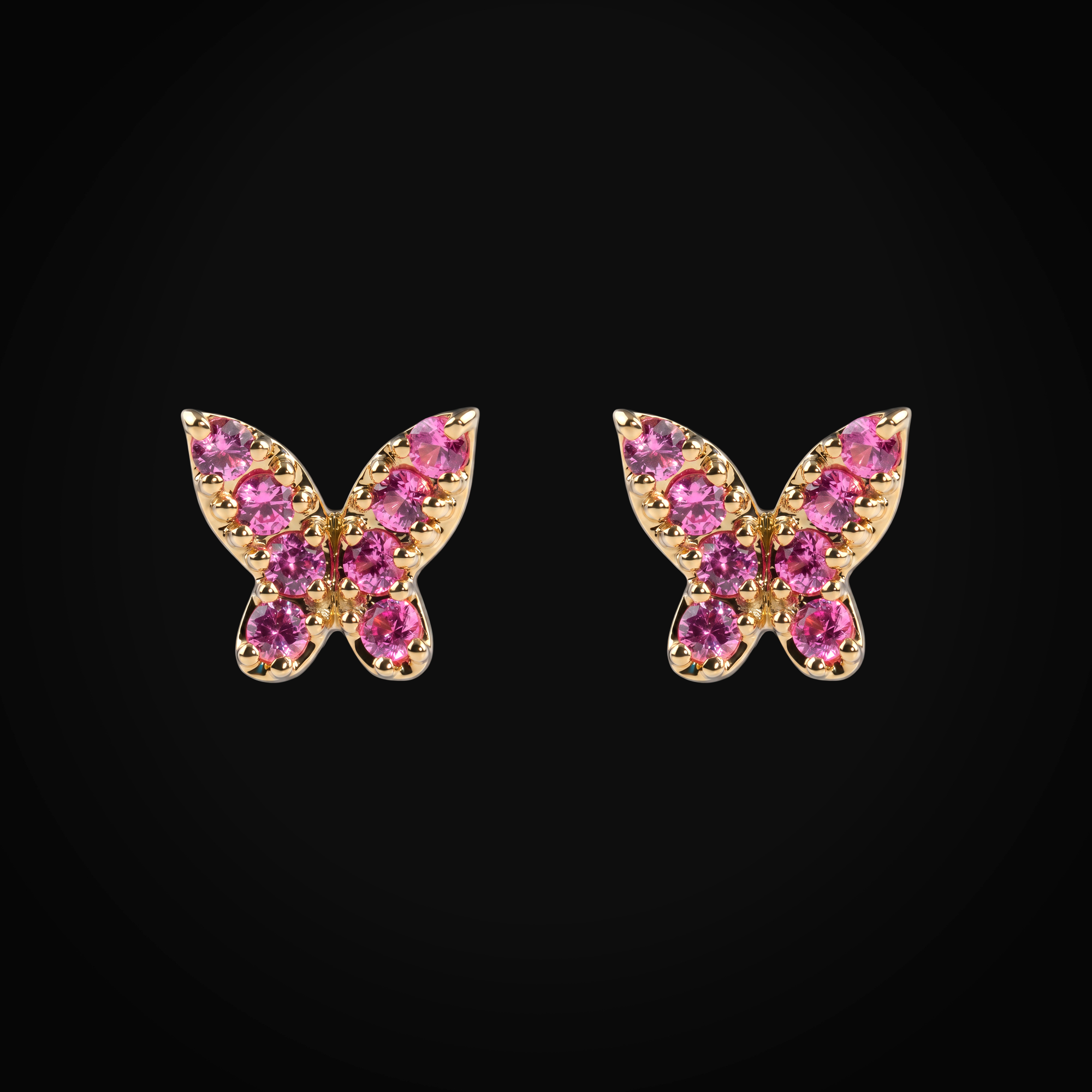 Broqueles 14k Oro Amarillo Mariposa Full Zafiros Rosas Corte Brillante + Estuche