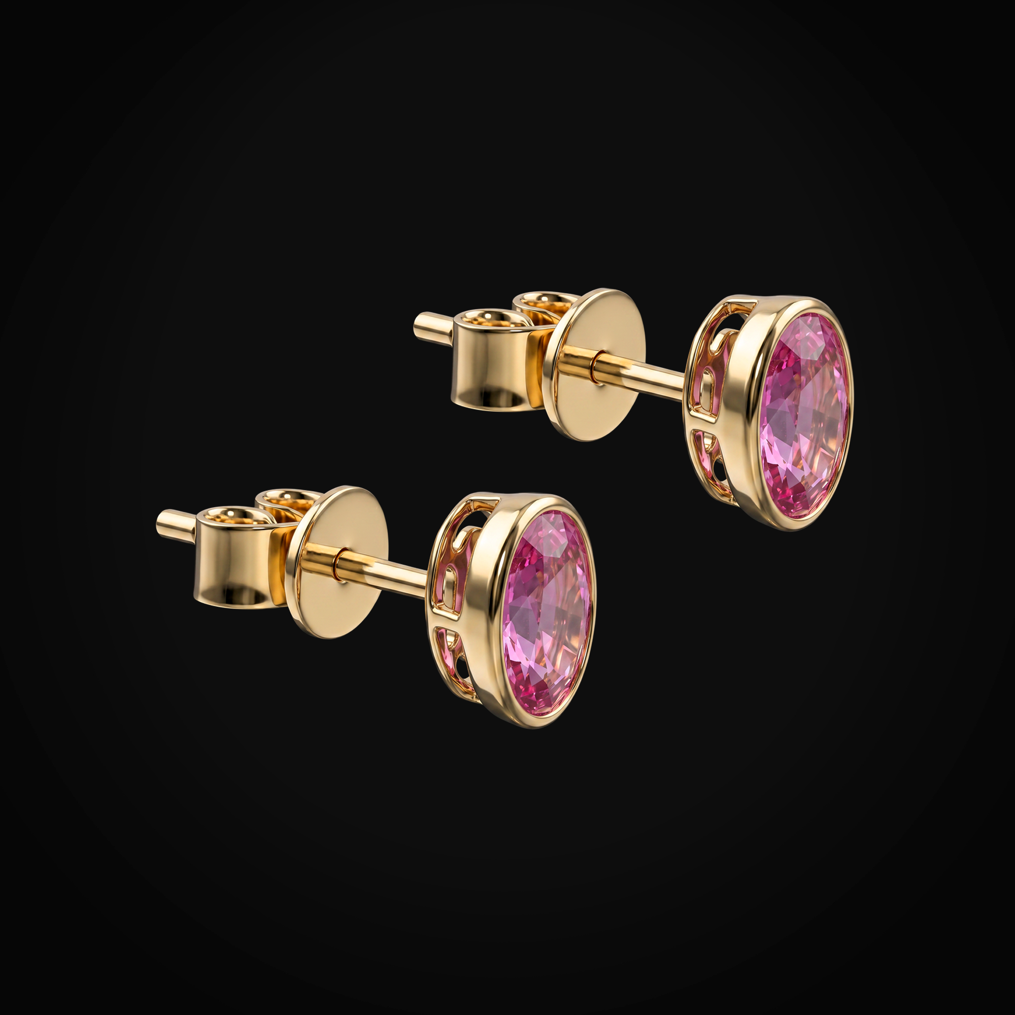 Broqueles 14k Oro Amarillo Figura Oval Zafiro Rosa Y Bisel Corte Oval + Estuche