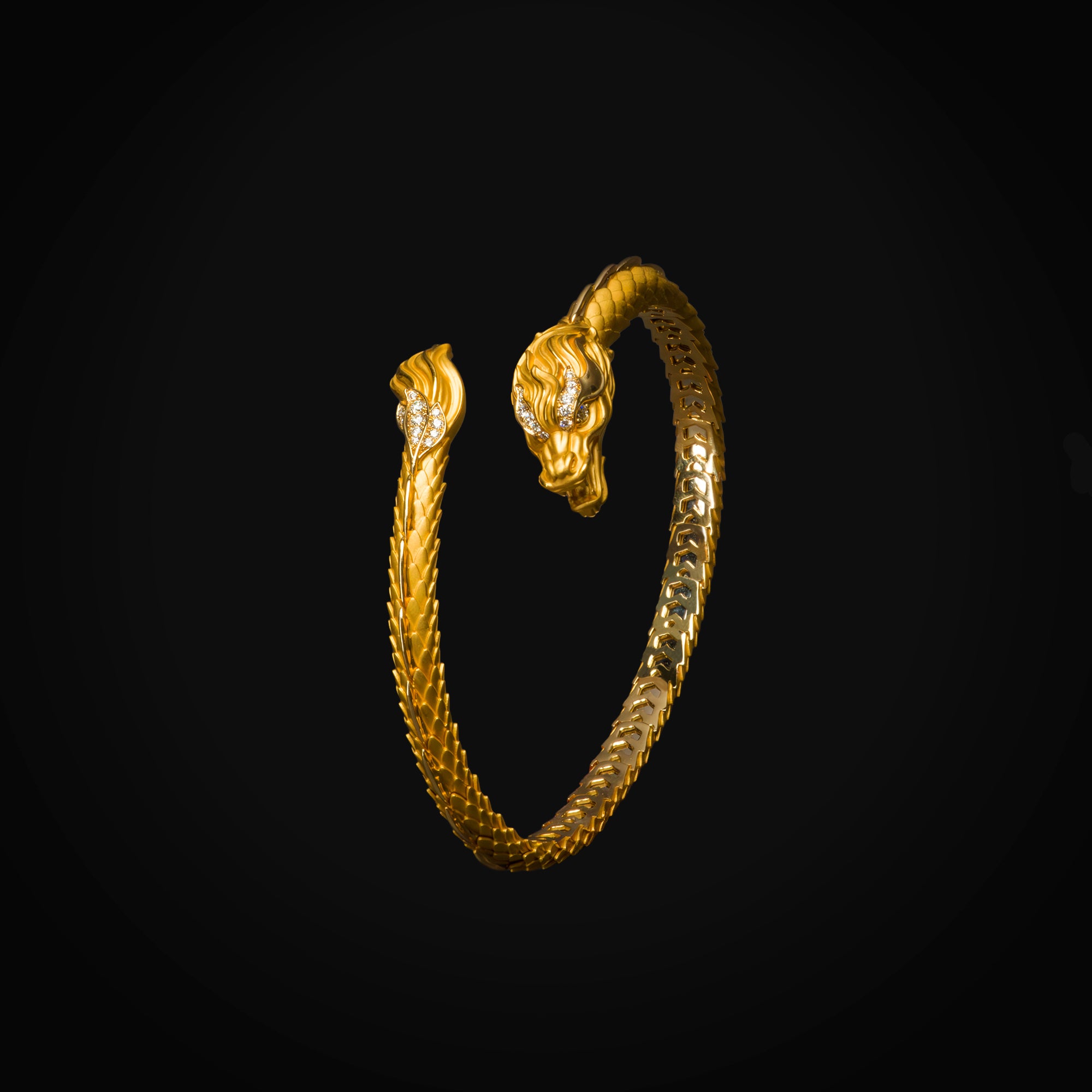 18k Yellow Gold Dragon Bracelet with Matte and Smooth Details and Brilliant Cut Mine Diamonds