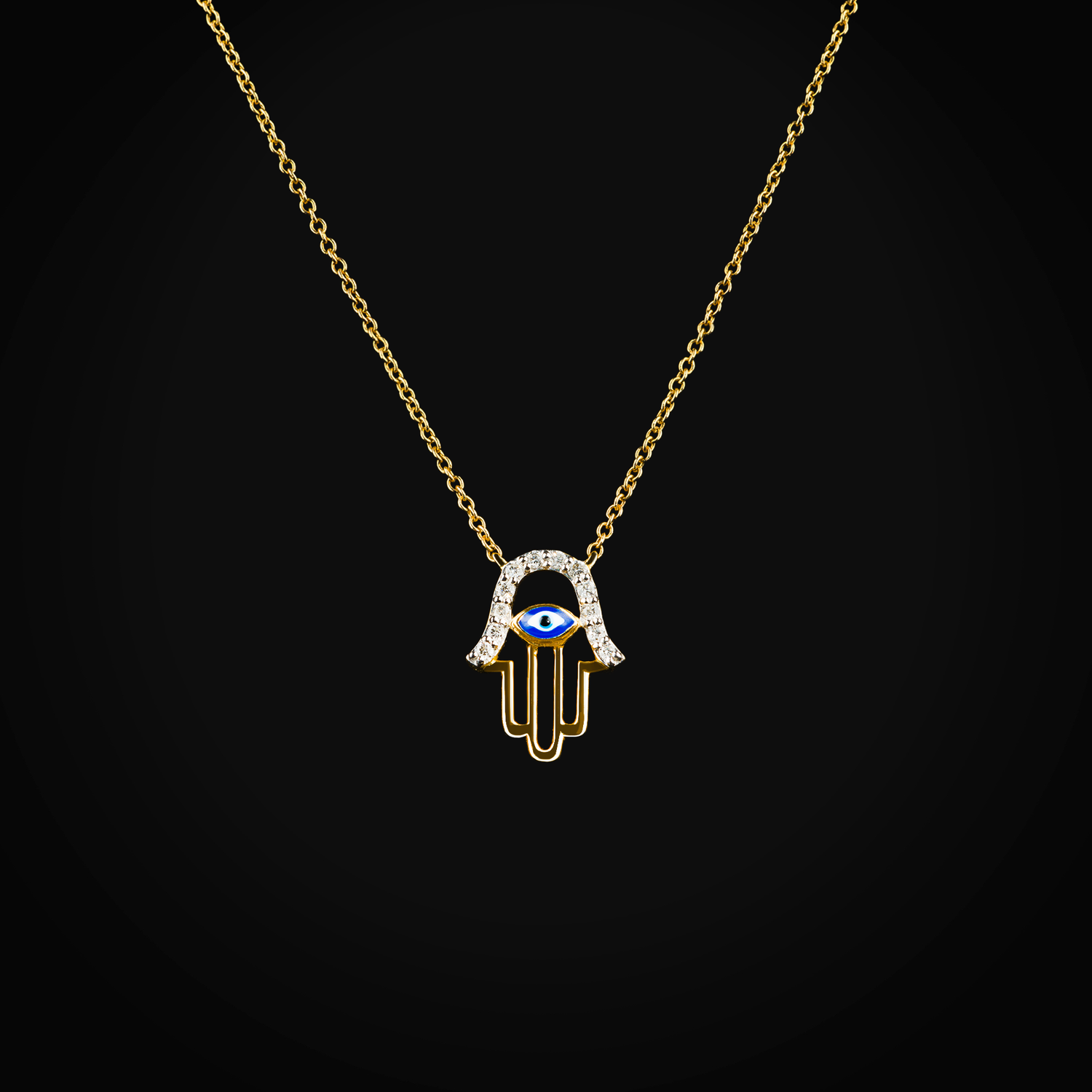 Cadena 14k con dije mano de Fátima y ojo turco central esmaltado oro amarillo con diaman | diamante de oro | Maestros Joyeros