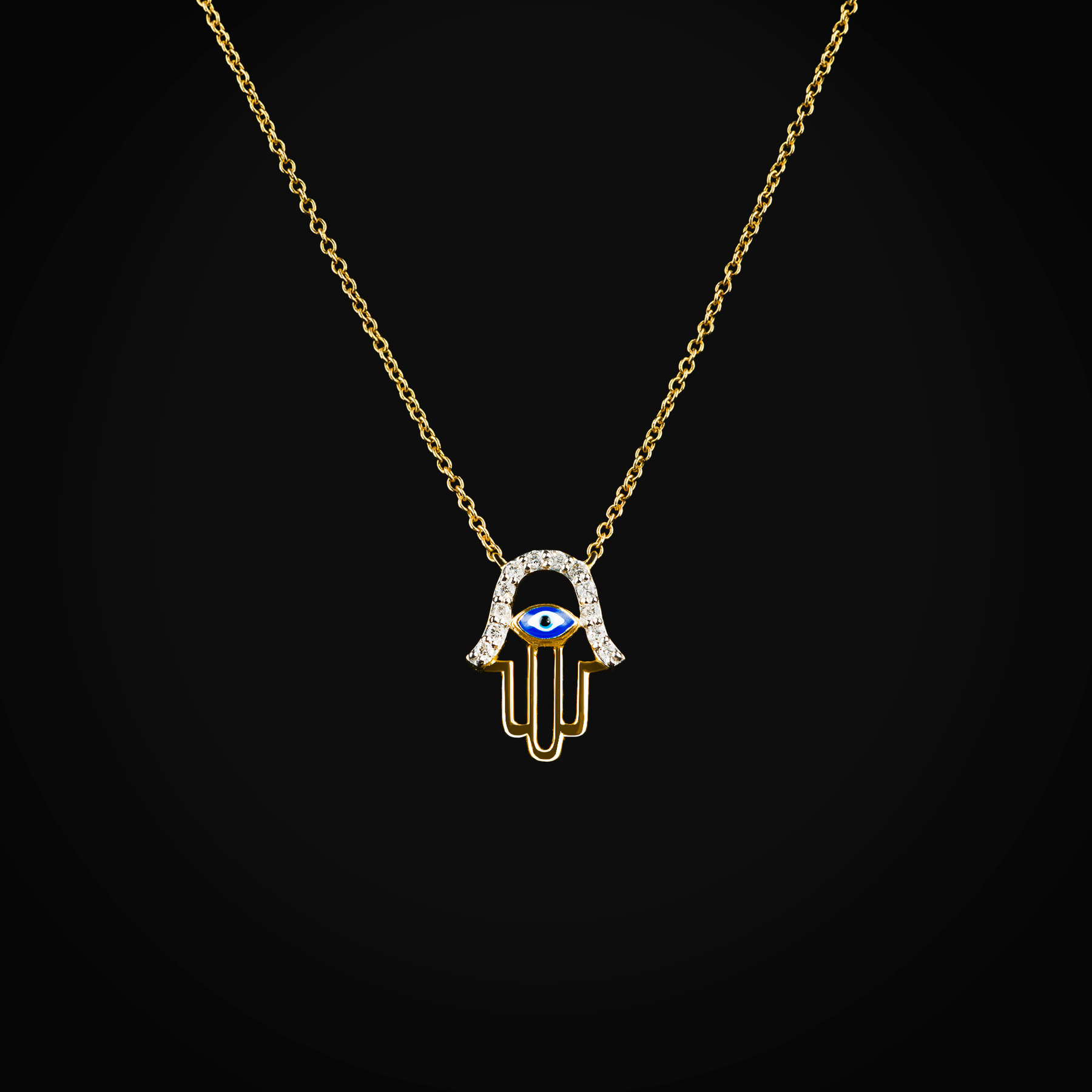 Cadena 14k con dije mano de Fátima y ojo turco central esmaltado oro amarillo con diaman | diamante de oro | Maestros Joyeros