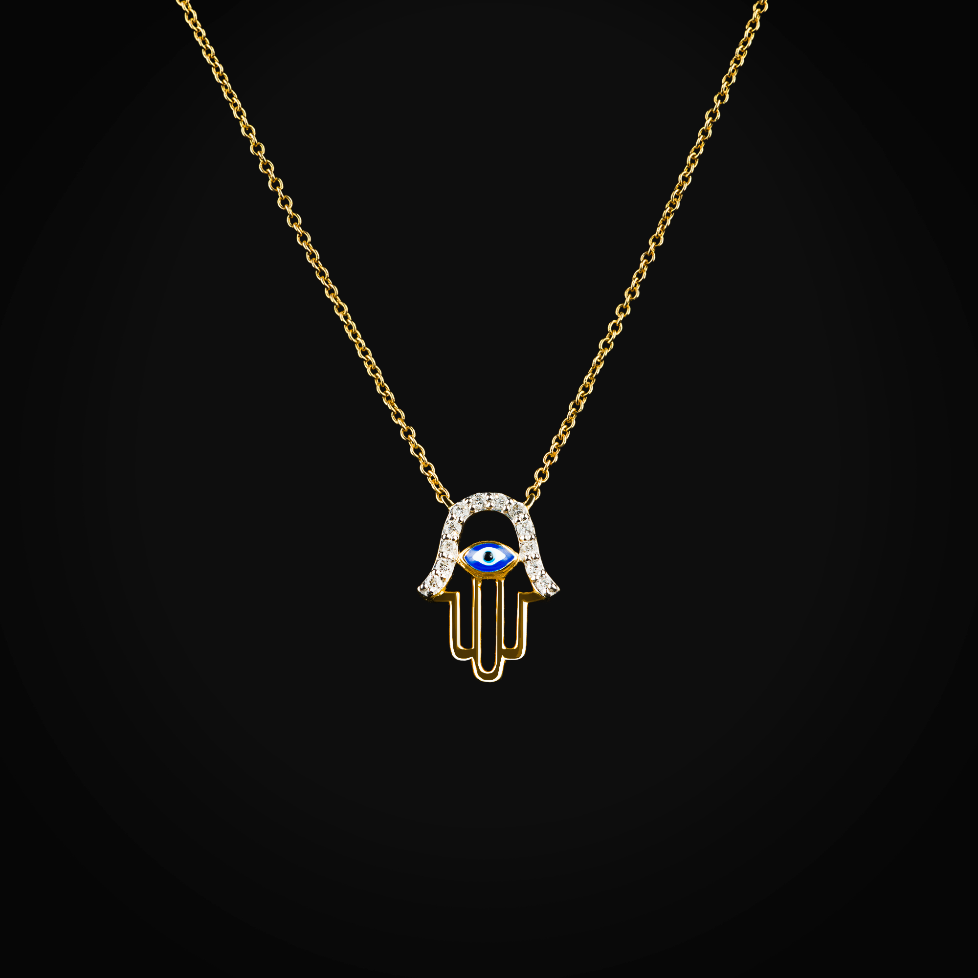 Cadena 14k con dije mano de Fátima y ojo turco central esmaltado oro amarillo con diaman | diamante de oro | Maestros Joyeros