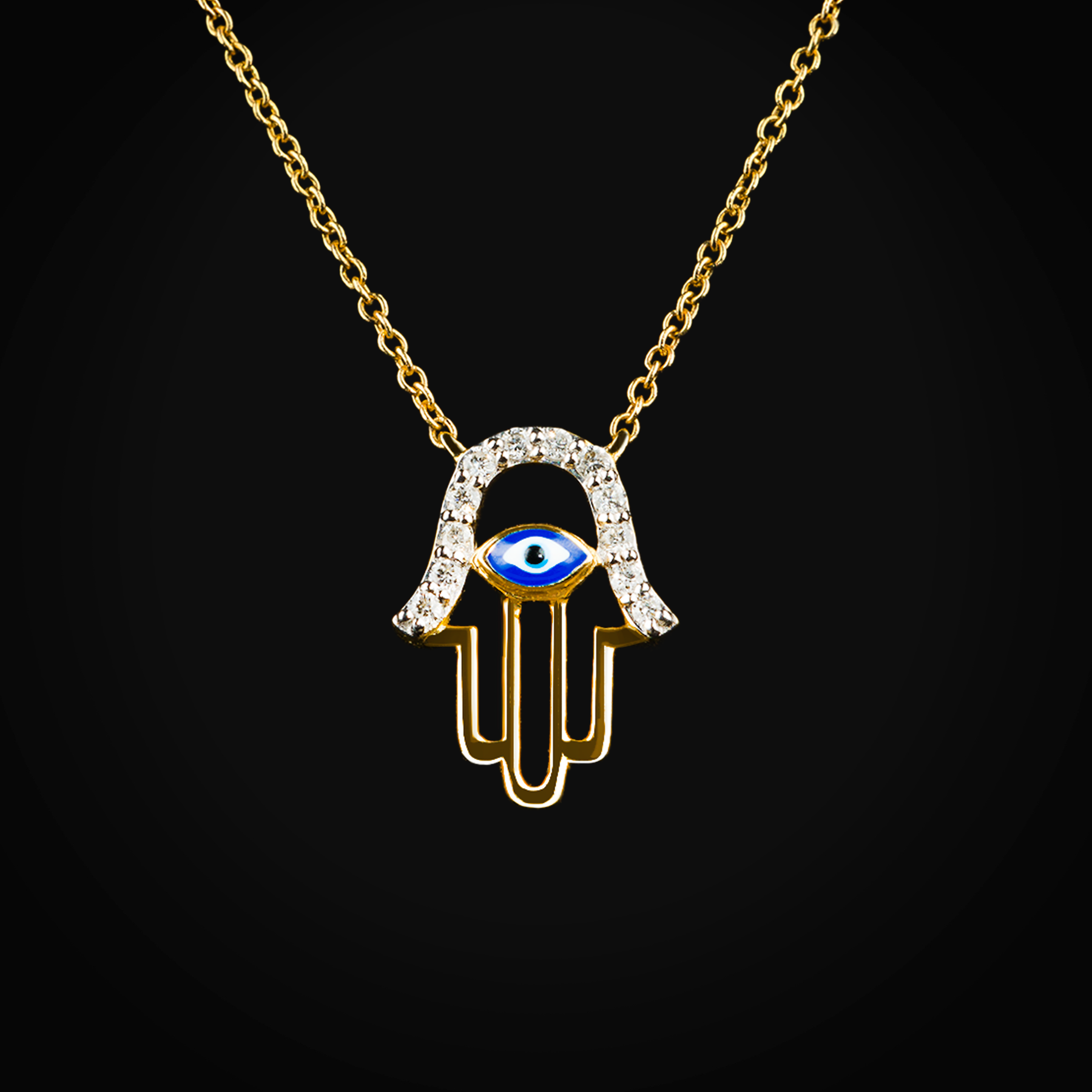 Cadena 14k con dije mano de Fátima y ojo turco central esmaltado oro amarillo con diaman | diamante de oro | Maestros Joyeros