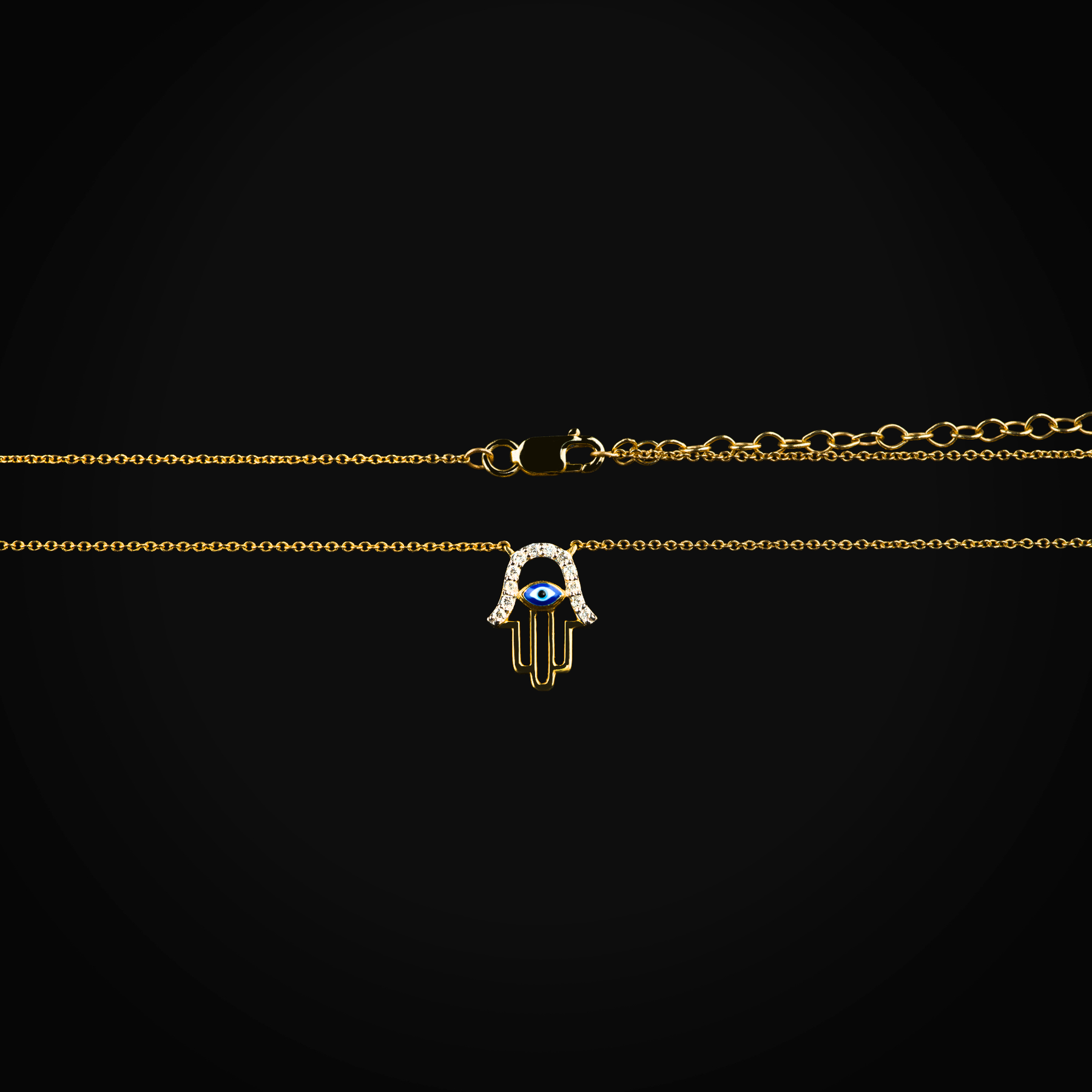 Cadena 14k con dije mano de Fátima y ojo turco central esmaltado oro amarillo con diaman | diamante de oro | Maestros Joyeros