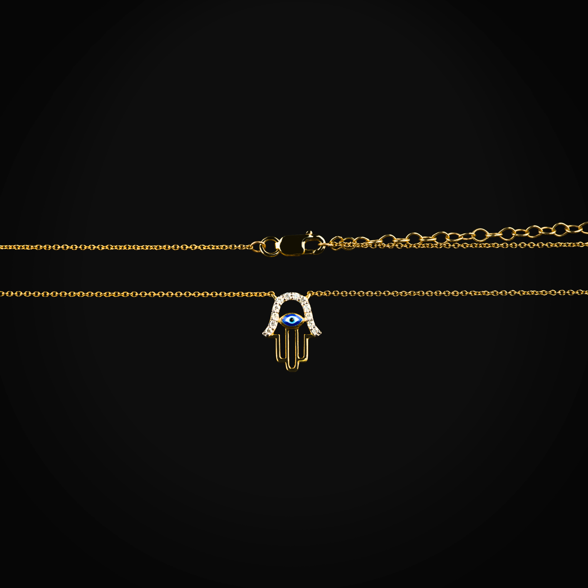 Cadena 14k con dije mano de Fátima y ojo turco central esmaltado oro amarillo con diaman | diamante de oro | Maestros Joyeros