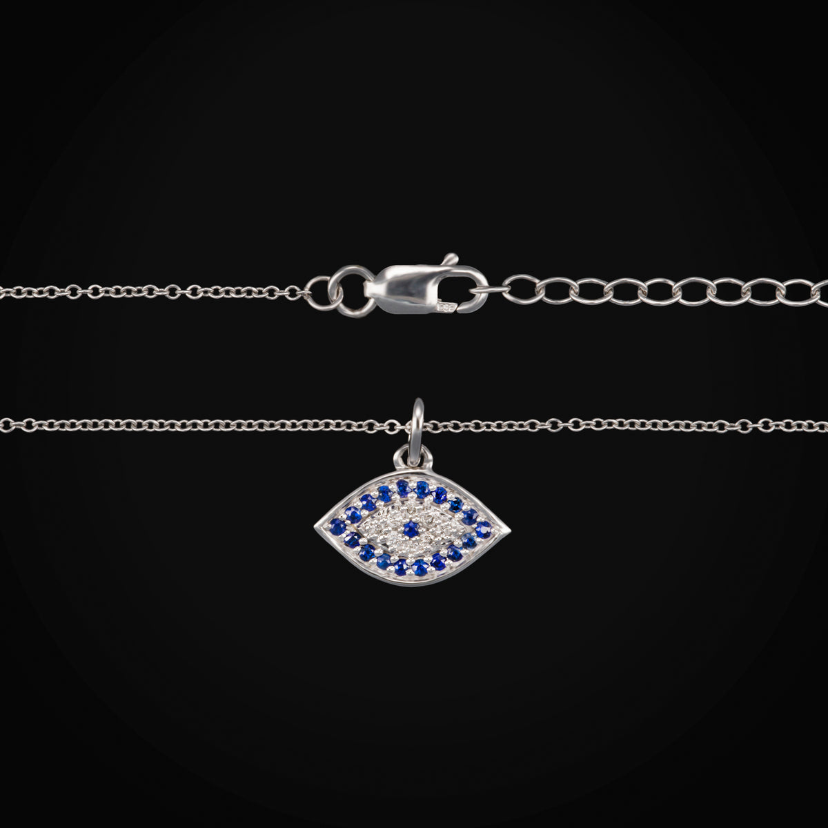 Cadena con Dije Ojo Turco Oro Blanco 14K con Zafiros Azules & Diamantes Naturales + Estuche