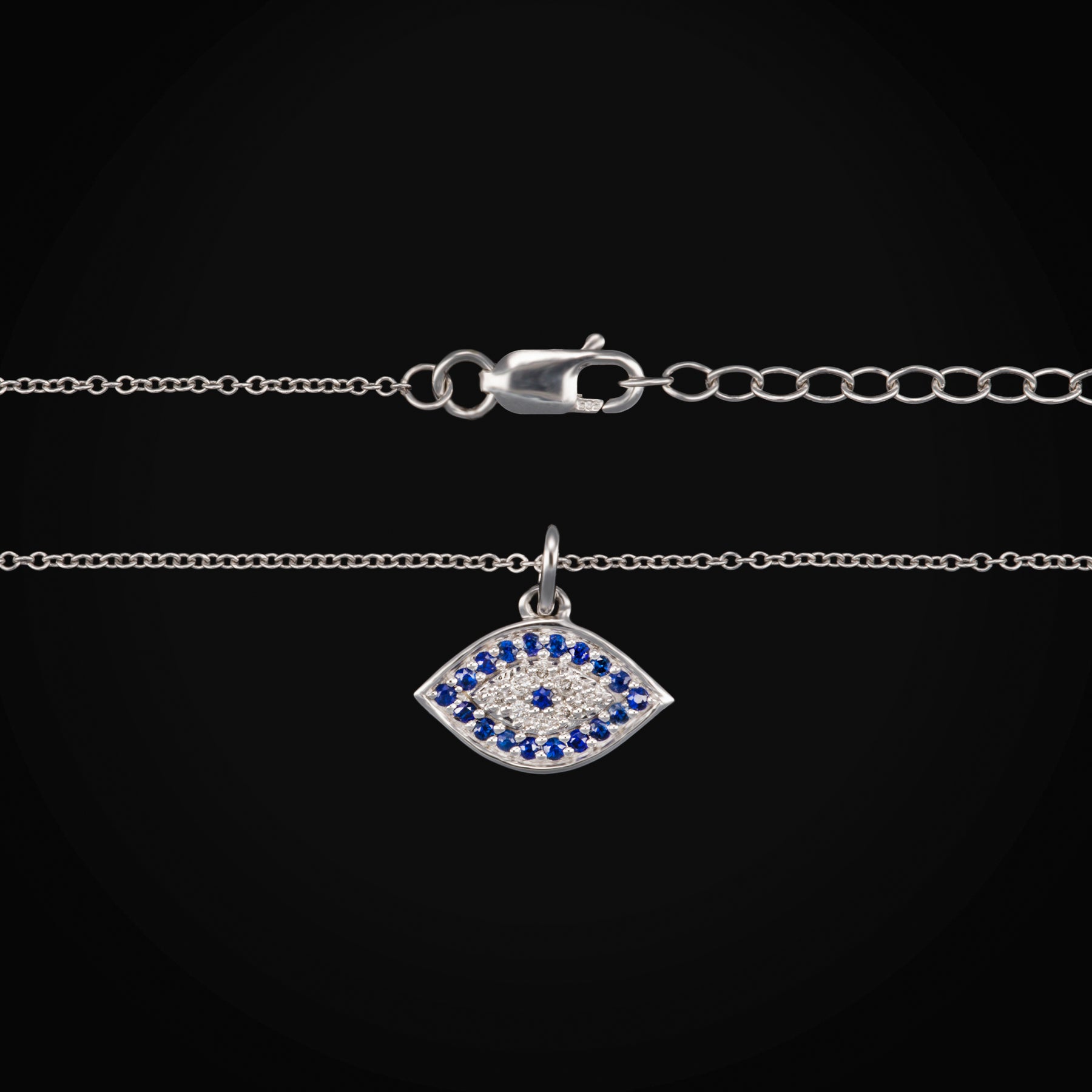 Cadena con Dije Ojo Turco Oro Blanco 14K con Zafiros Azules & Diamantes Naturales + Estuche