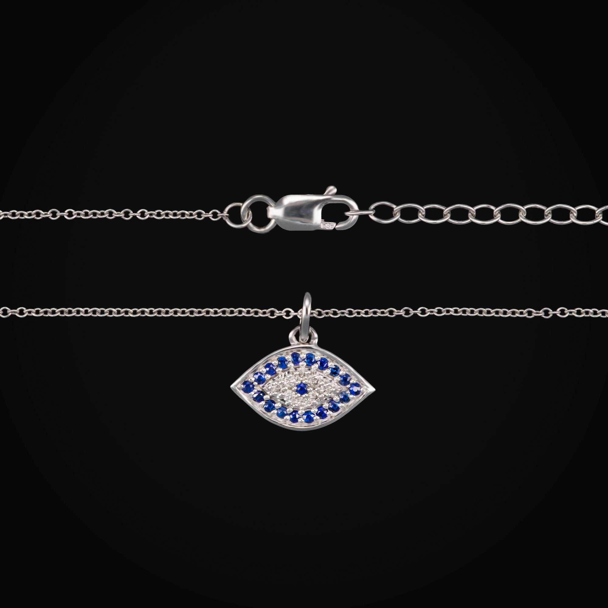 Cadena con Dije Ojo Turco Oro Blanco 14K con Zafiros Azules & Diamantes Naturales + Estuche