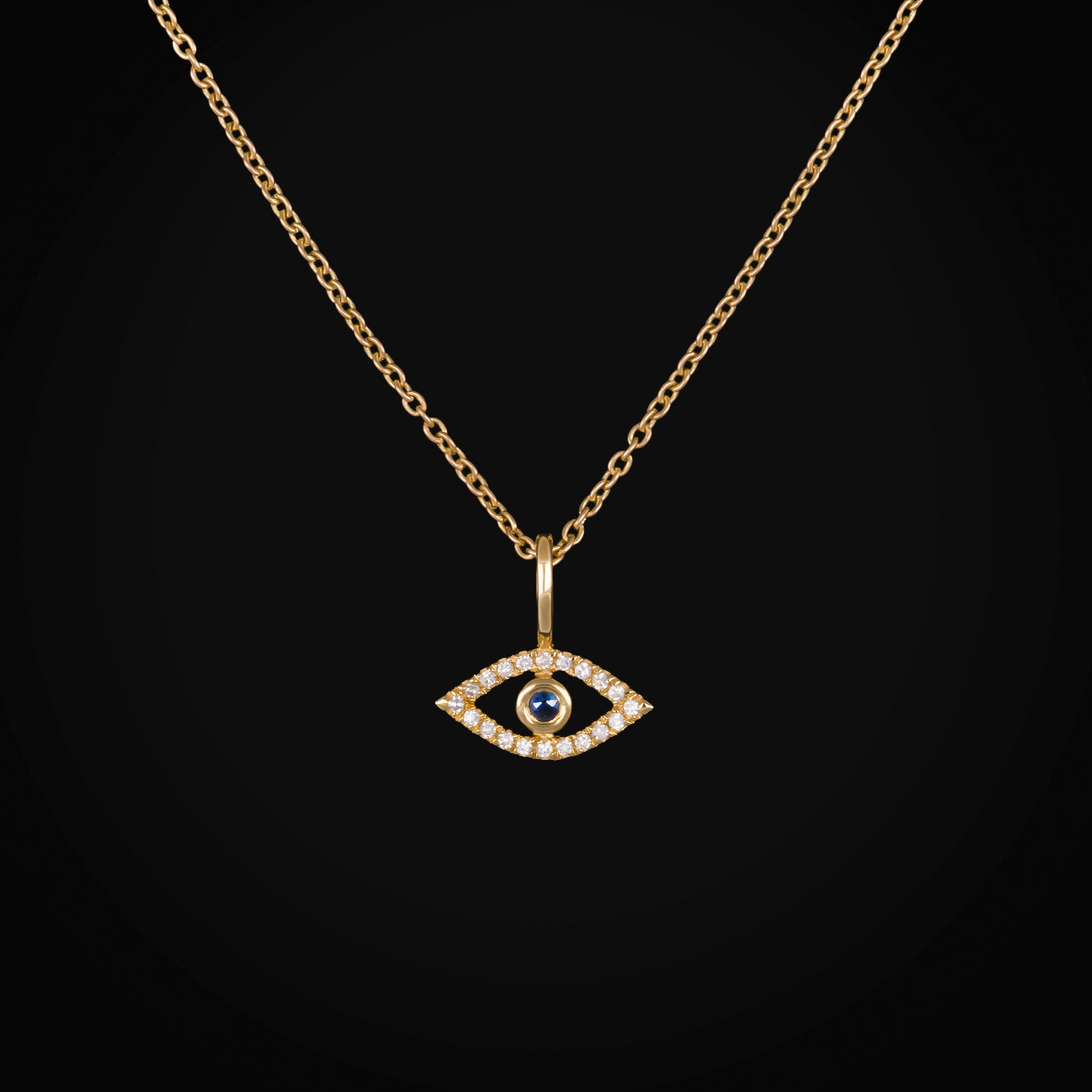 Cadena con Dije Ojo Turco 1 Zafiro Azul Central y Diamantes Oro Amarillo 14K + Estuche