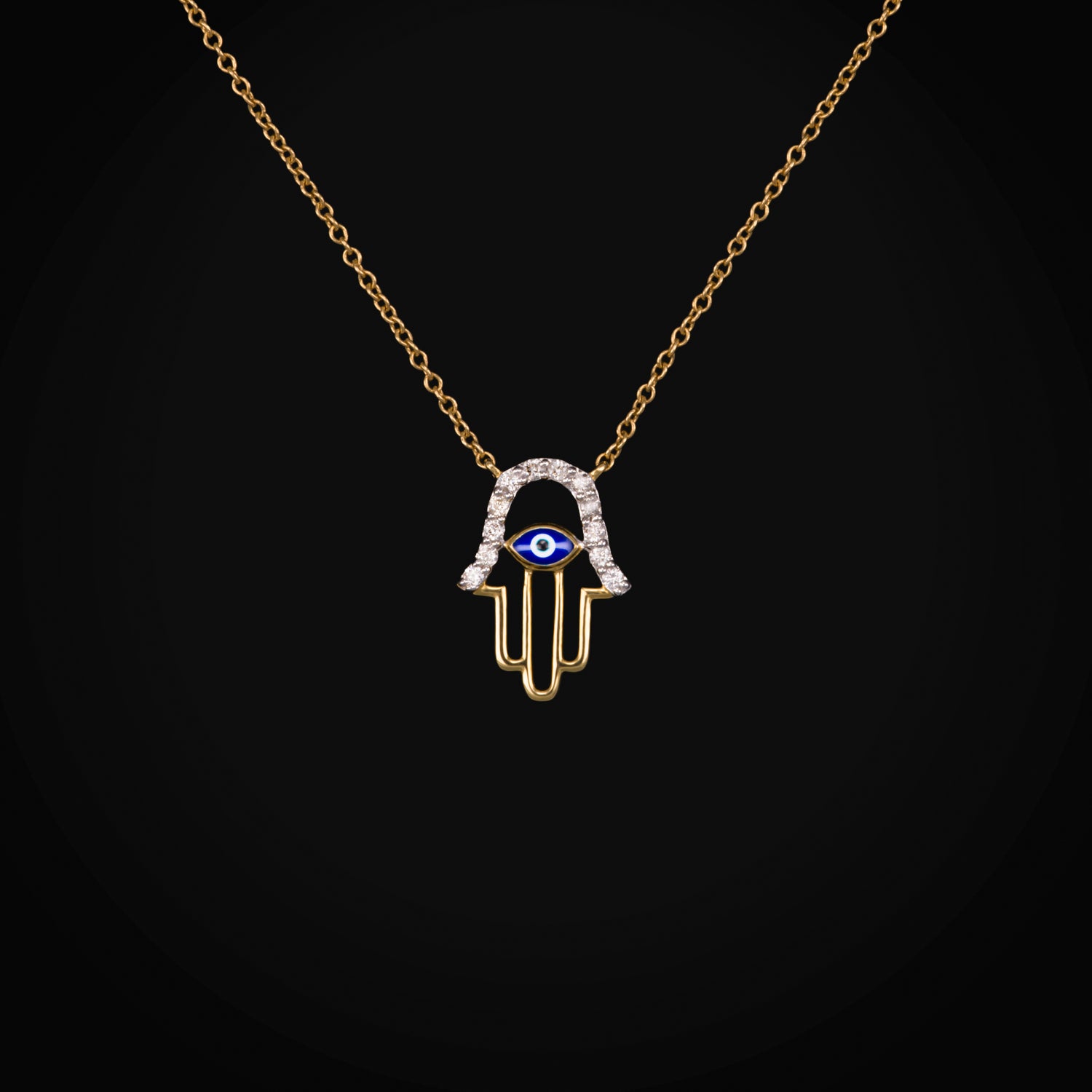 Cadena Mano de Fátima 14k Oro Amarillo con Diamantes Corte Brillante + Estuche