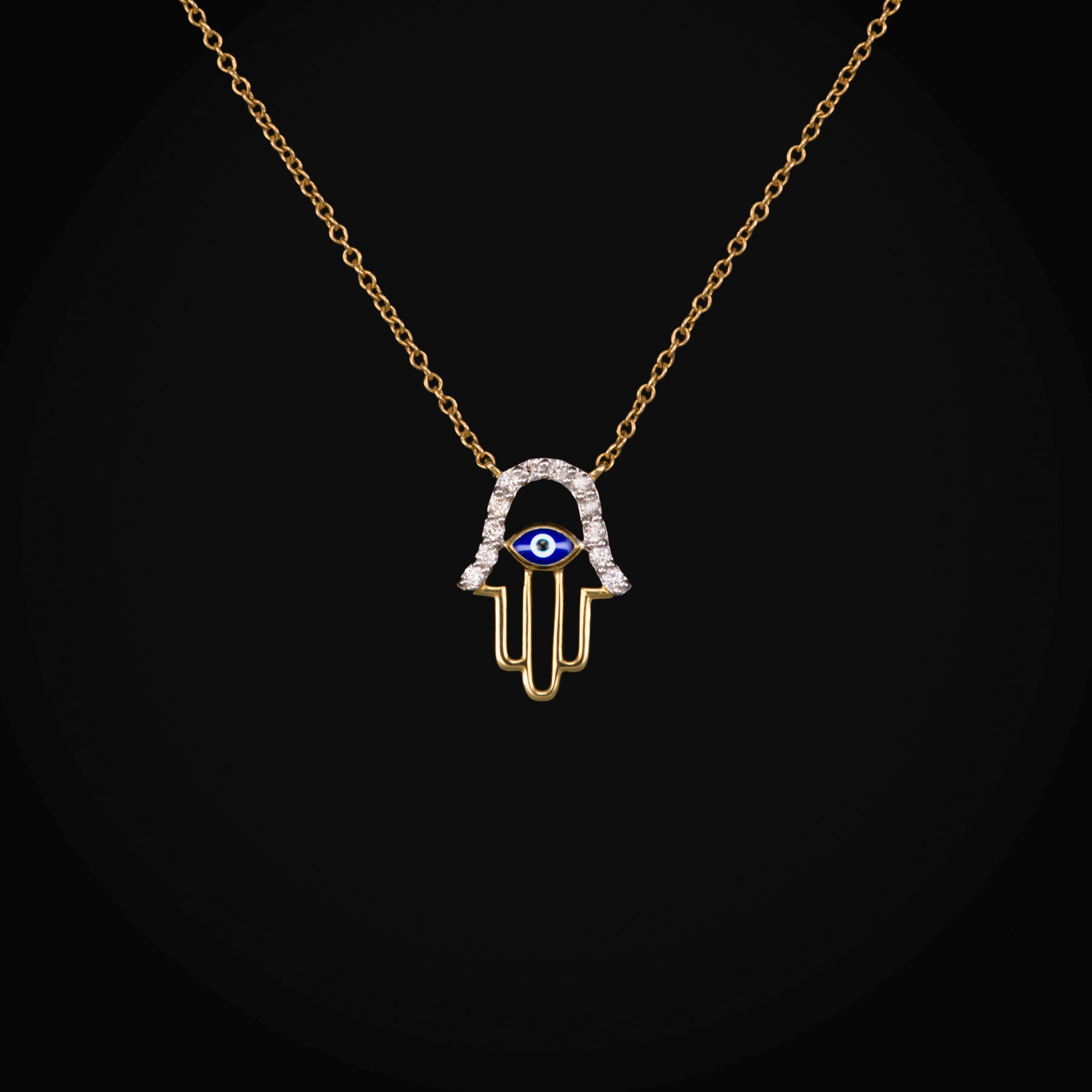 Cadena Mano de Fátima 14k Oro Amarillo con Diamantes Corte Brillante + Estuche