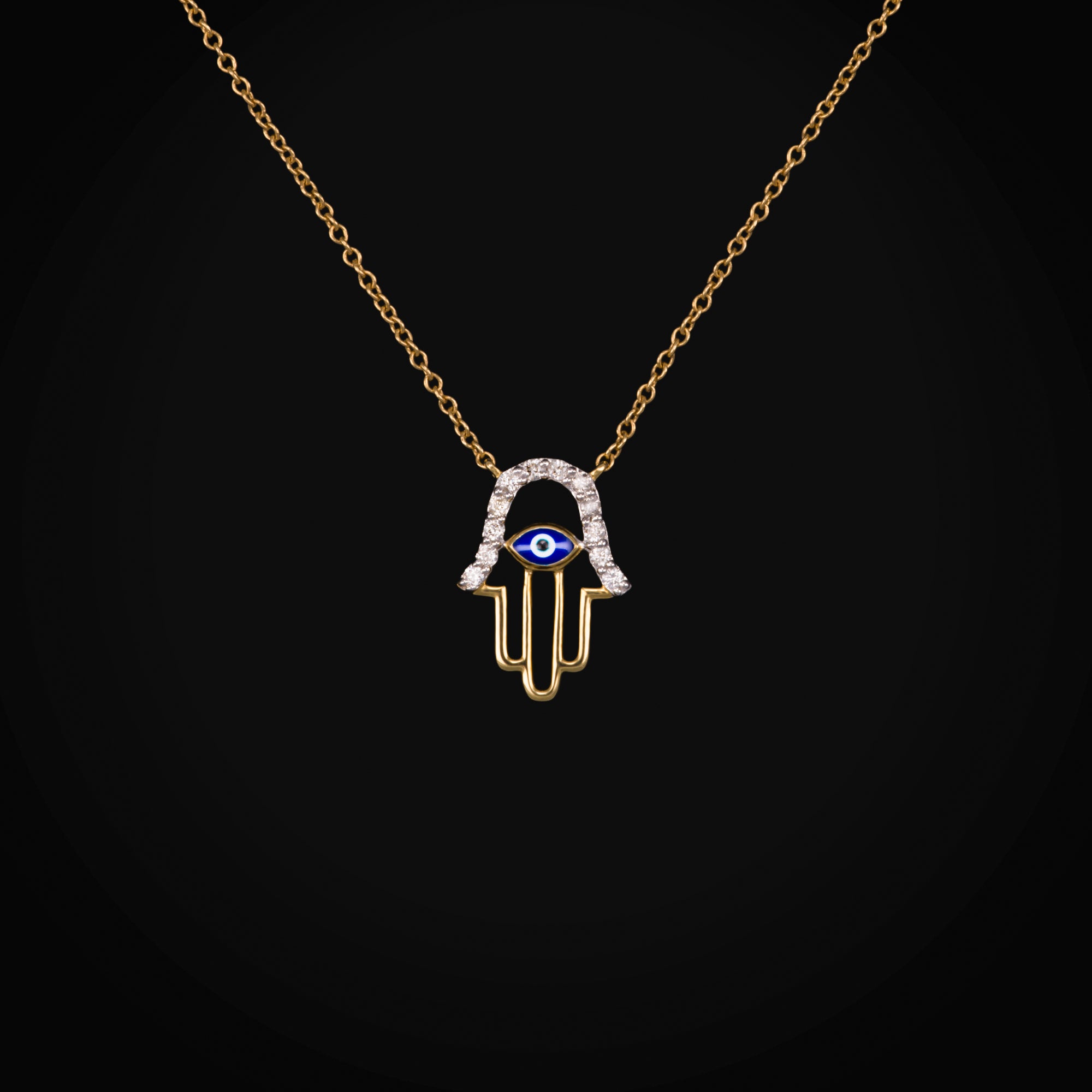 Cadena Mano de Fátima 14k Oro Amarillo con Diamantes Corte Brillante + Estuche