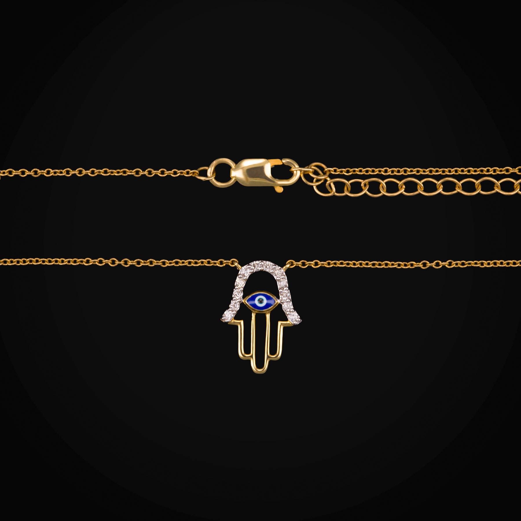 Cadena Mano de Fátima 14k Oro Amarillo con Diamantes Corte Brillante + Estuche