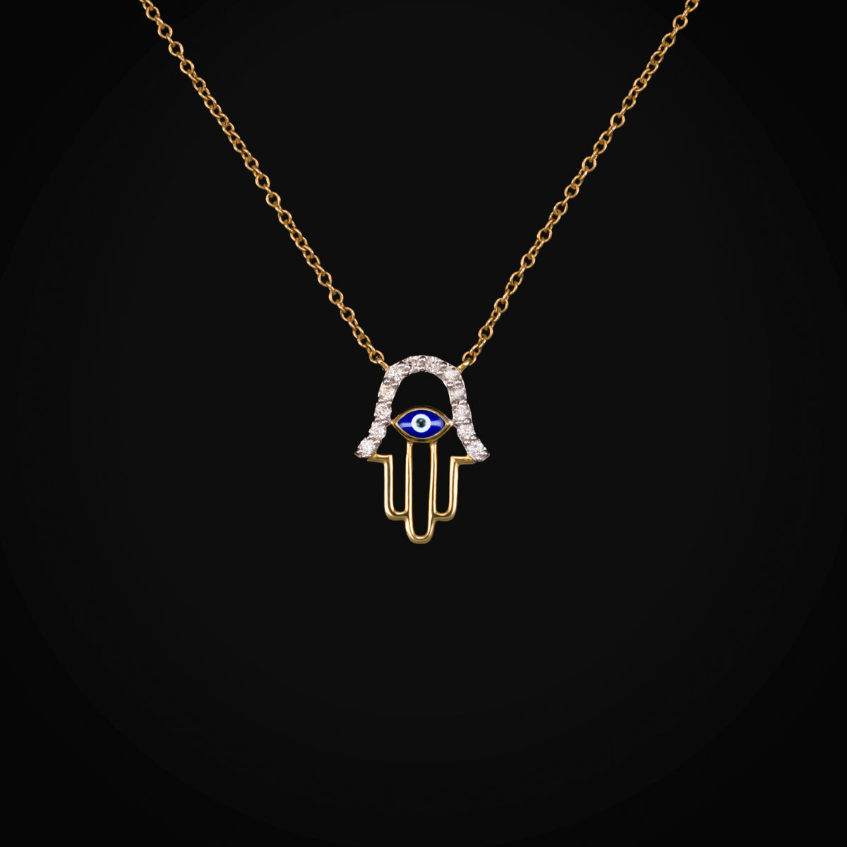 Cadena Mano de Fátima 14k Oro Amarillo con Diamantes Corte Brillante + Estuche