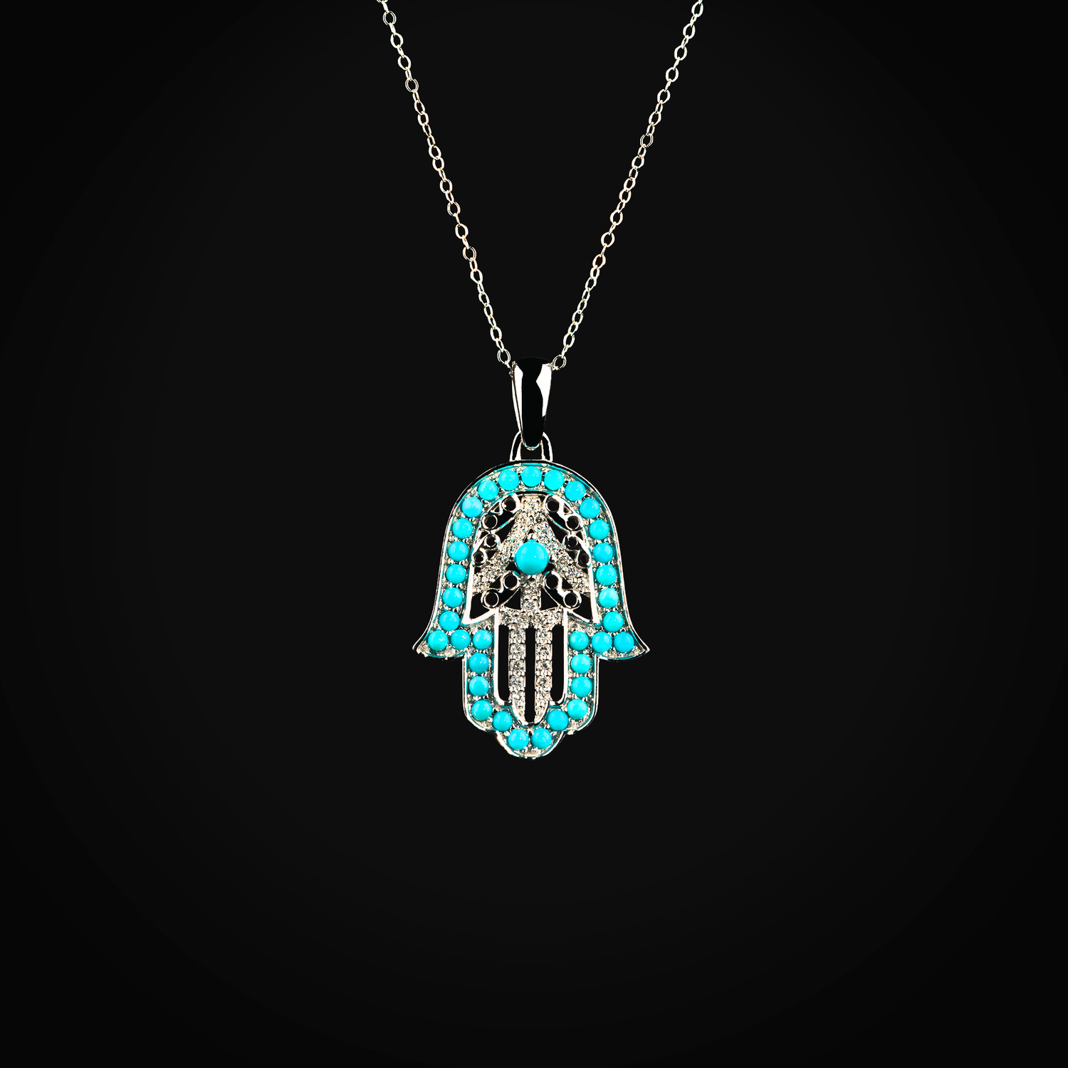 Cadena 14k con dije mano de Fátima turquesita oro blanco con diamantes de mina + Estuche