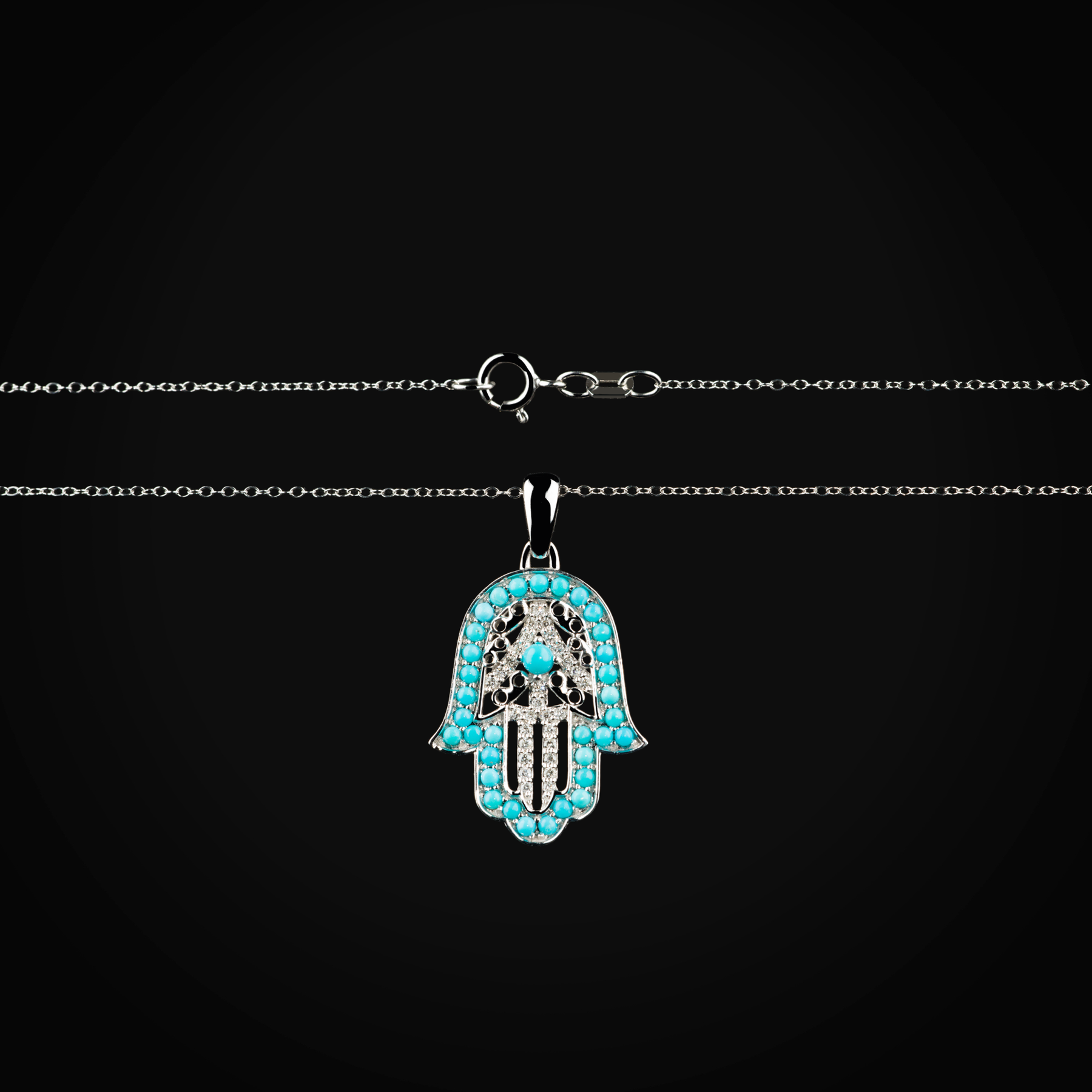Cadena 14k con dije mano de Fátima turquesita oro blanco con diamantes de mina + Estuche | diamante de oro | Maestros Joyeros