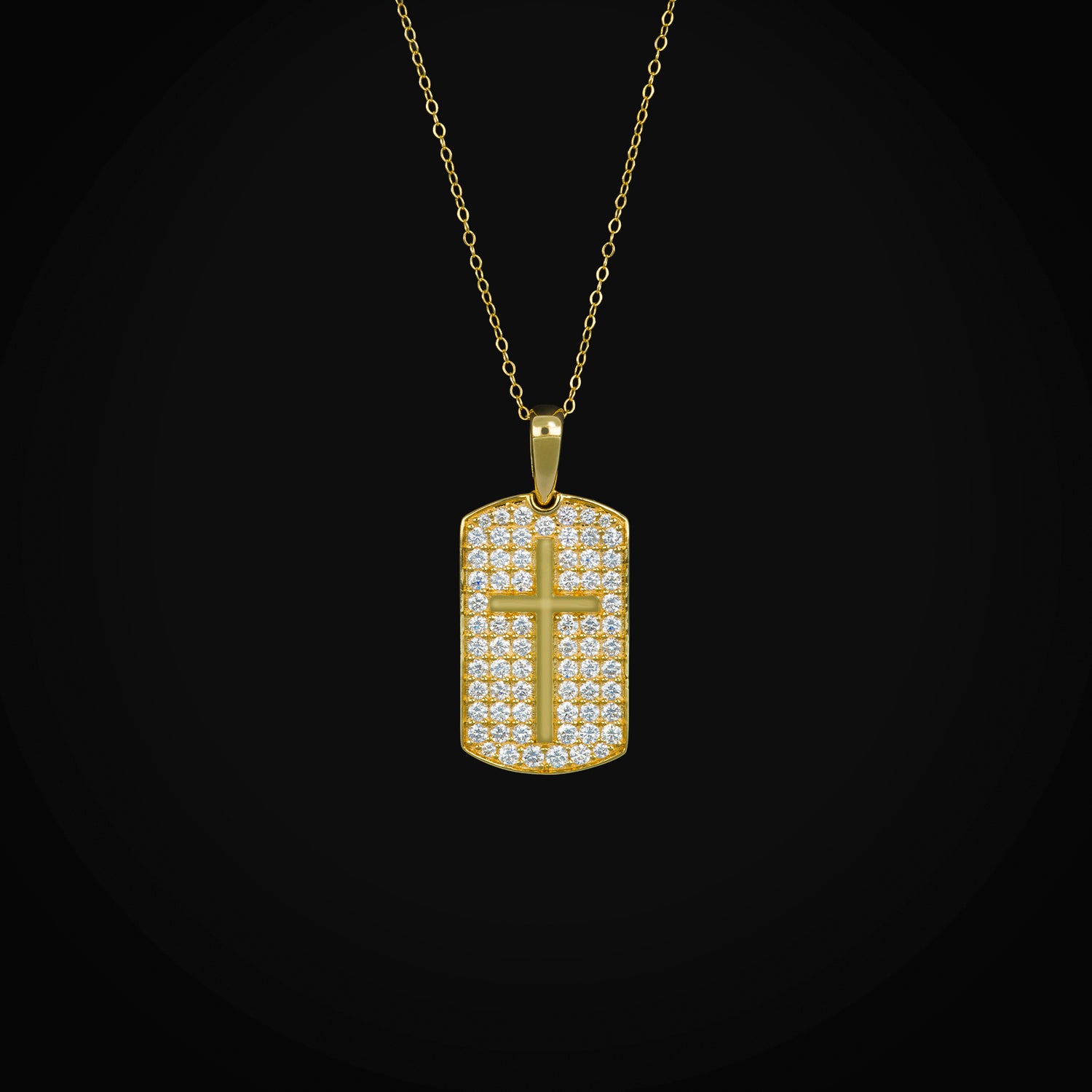 Cadena Placa Militar con Cruz Lisa Oro Amarillo 14K con Diamantes + Estuche