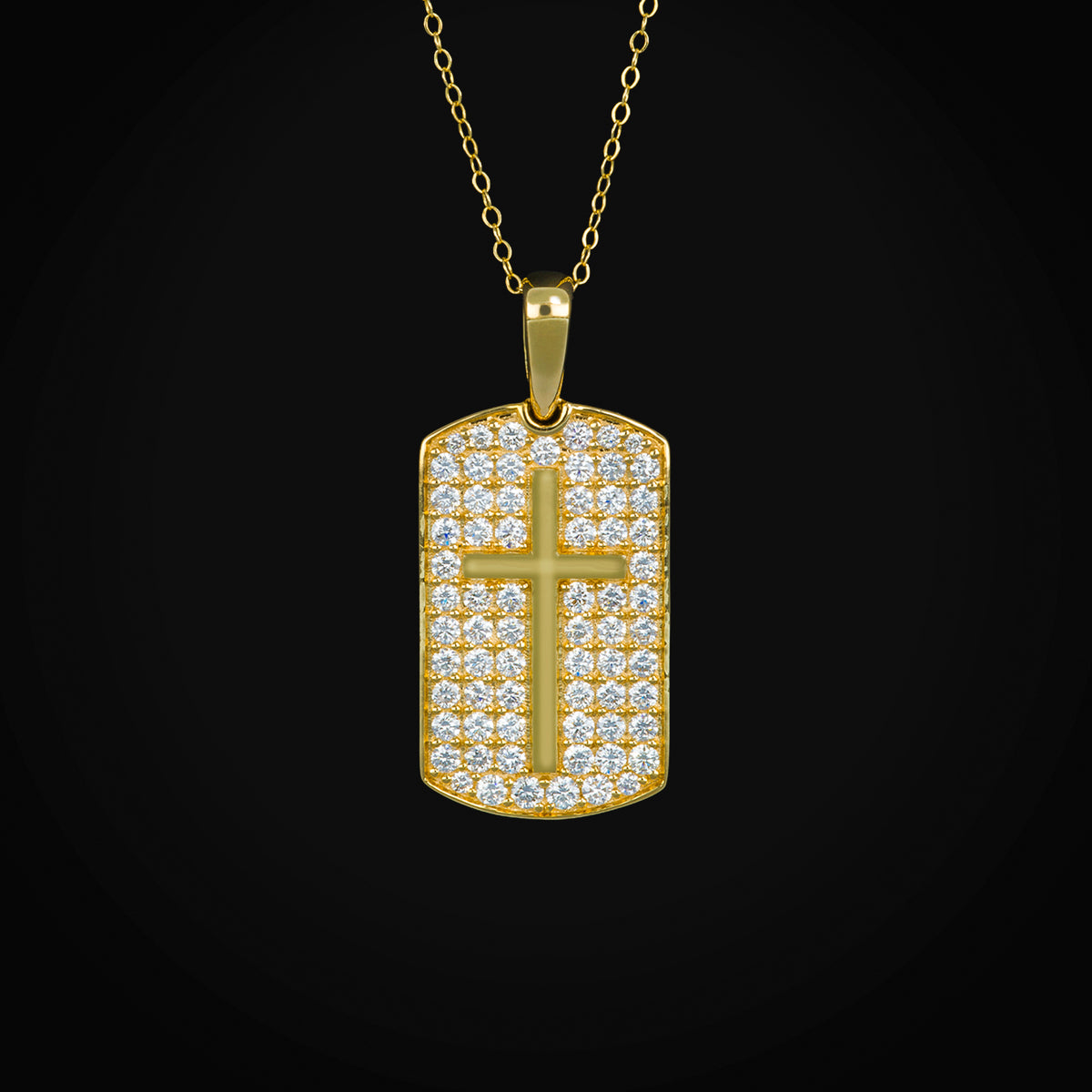 Cadena Placa Militar con Cruz Lisa Oro Amarillo 14K con Diamantes + Estuche