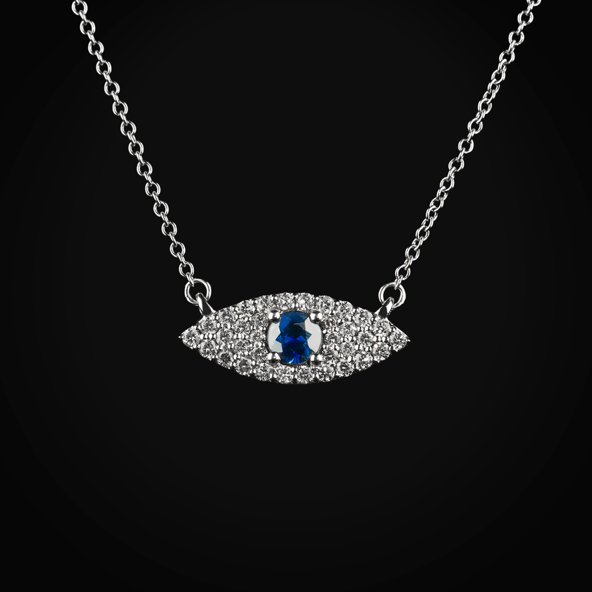 Cadena 14k con dije ojo turco zafiro azul central oro blanca con diamantes de mina corte brillante + Estuche