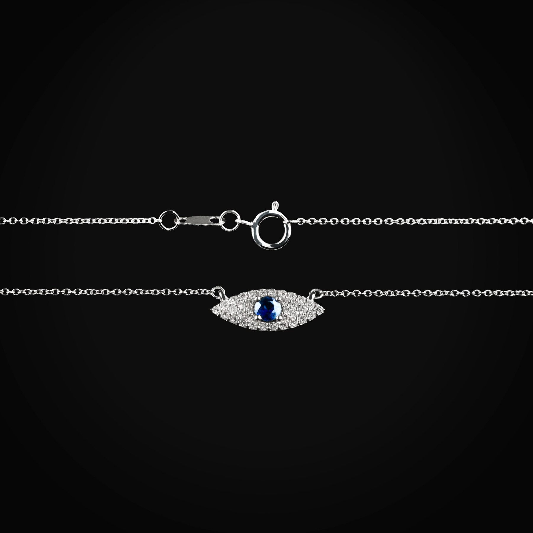 Cadena 14k con dije ojo turco zafiro azul central oro blanca con diamantes de mina corte | diamante de oro | Maestros Joyeros