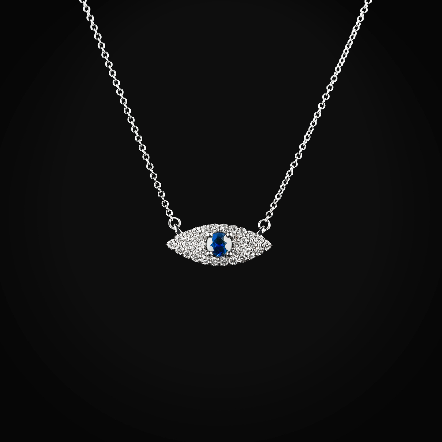 Cadena 14k con dije ojo turco zafiro azul central oro blanca con diamantes de mina corte brillante + Estuche
