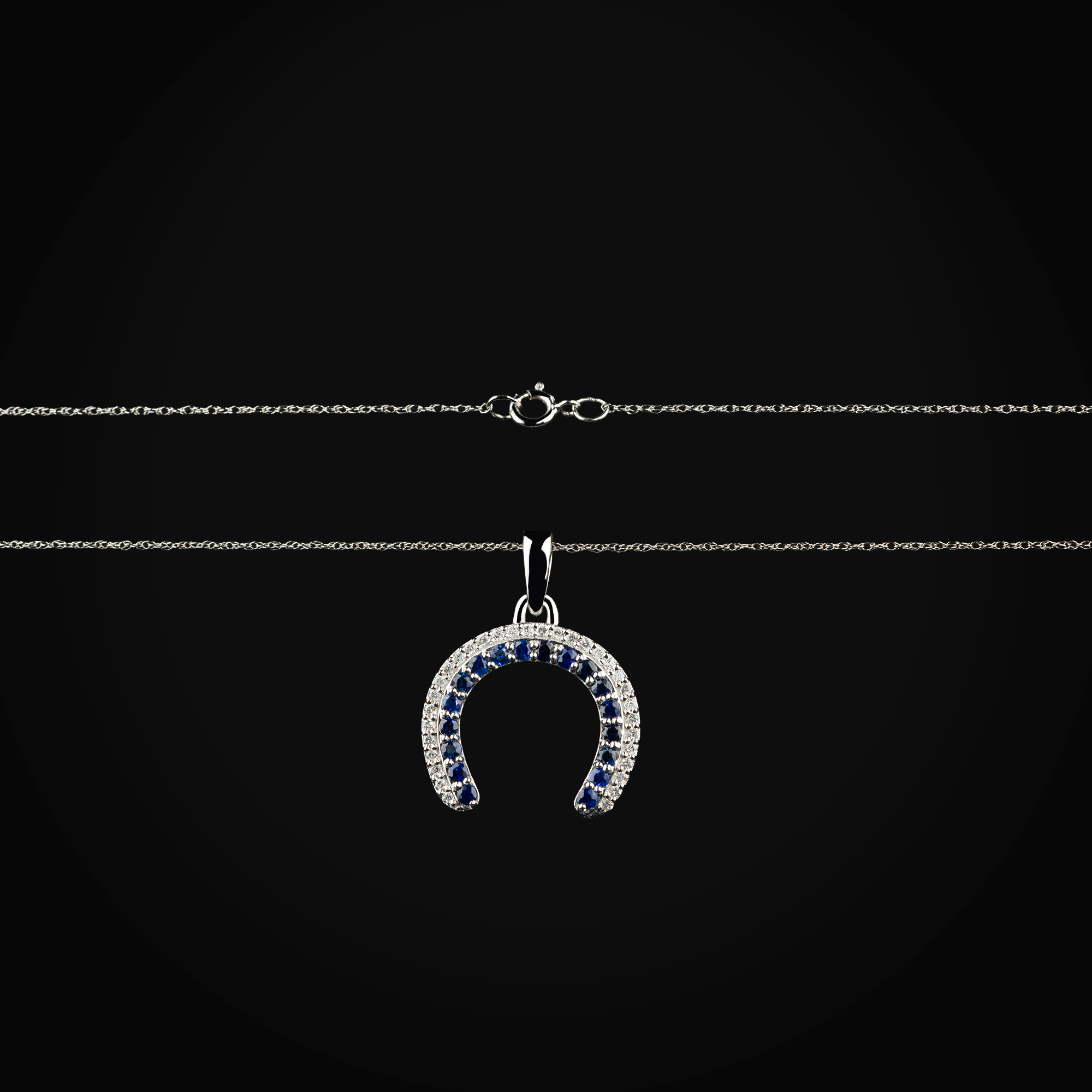 Cadena 14k con dije herradura zafiros azules oro blanco con diamantes de mina + Estuche | diamante de oro | Maestros Joyeros