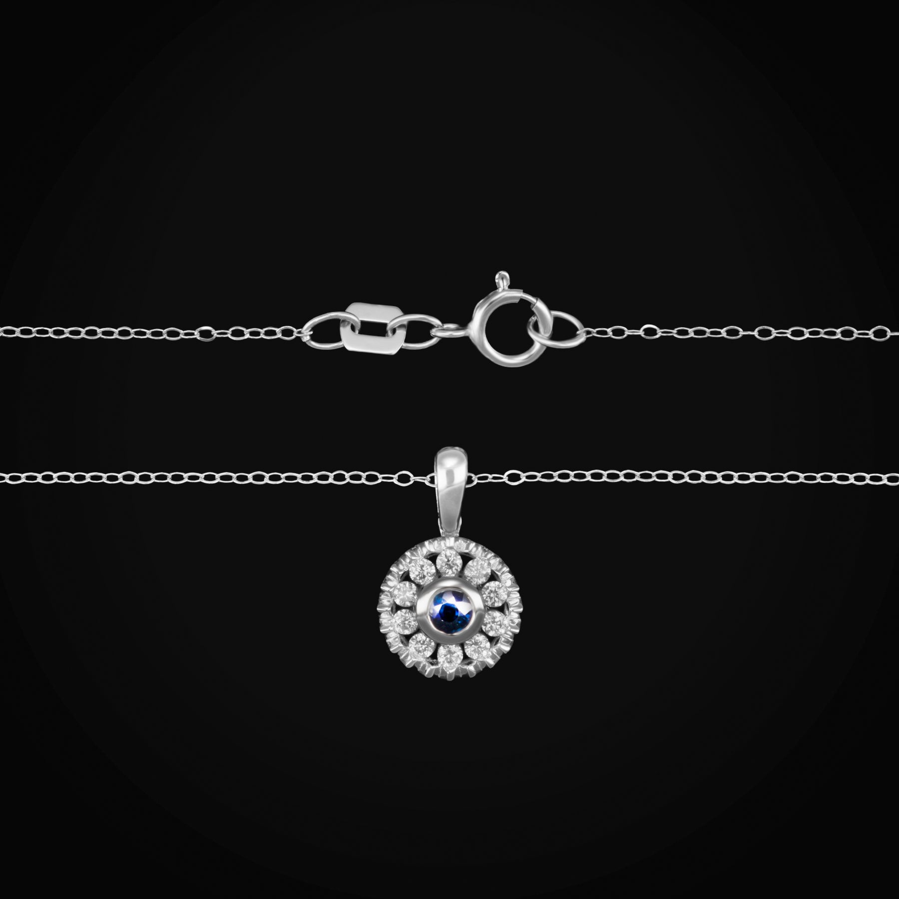 Cadena Dije Ojo Turco Circular Zafiro Azul Central Oro Blanco14K con Diamantes + Estuche