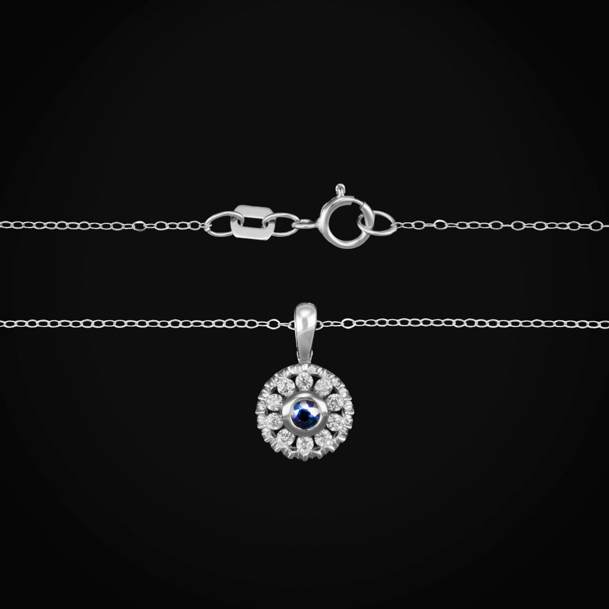 Cadena Dije Ojo Turco Circular Zafiro Azul Central Oro Blanco14K con Diamantes + Estuche