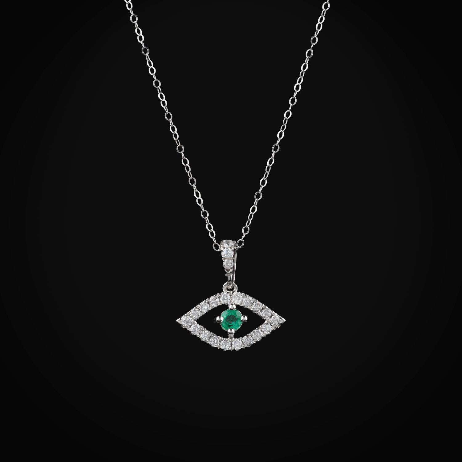 Cadena 14k Con Dije Ojo Turco Oro Blanca Diamantes De Mina Corte + Estuche