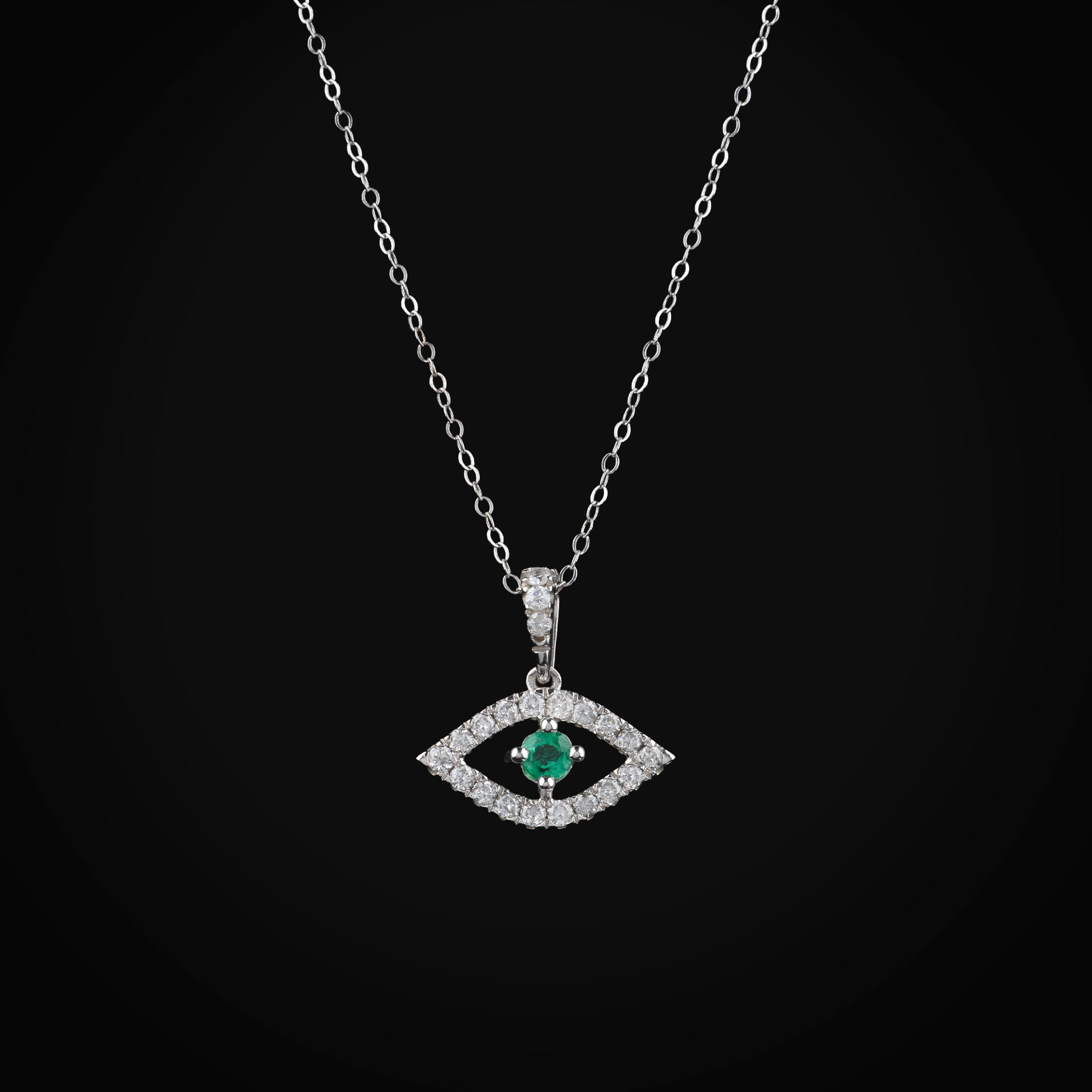 Cadena 14k Con Dije Ojo Turco Oro Blanca Diamantes De Mina Corte + Estuche