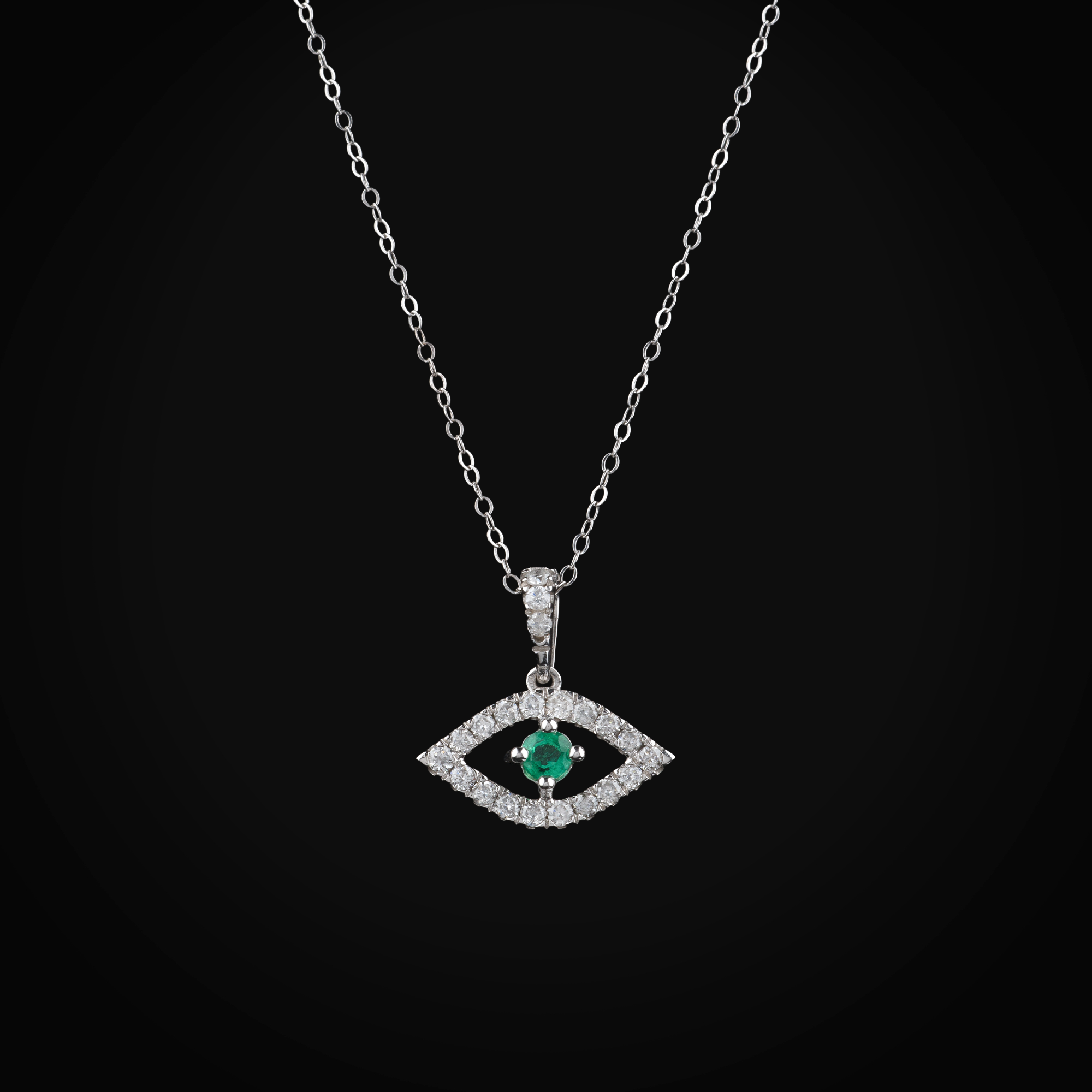 Cadena 14k Con Dije Ojo Turco Oro Blanca Diamantes De Mina Corte + Estuche