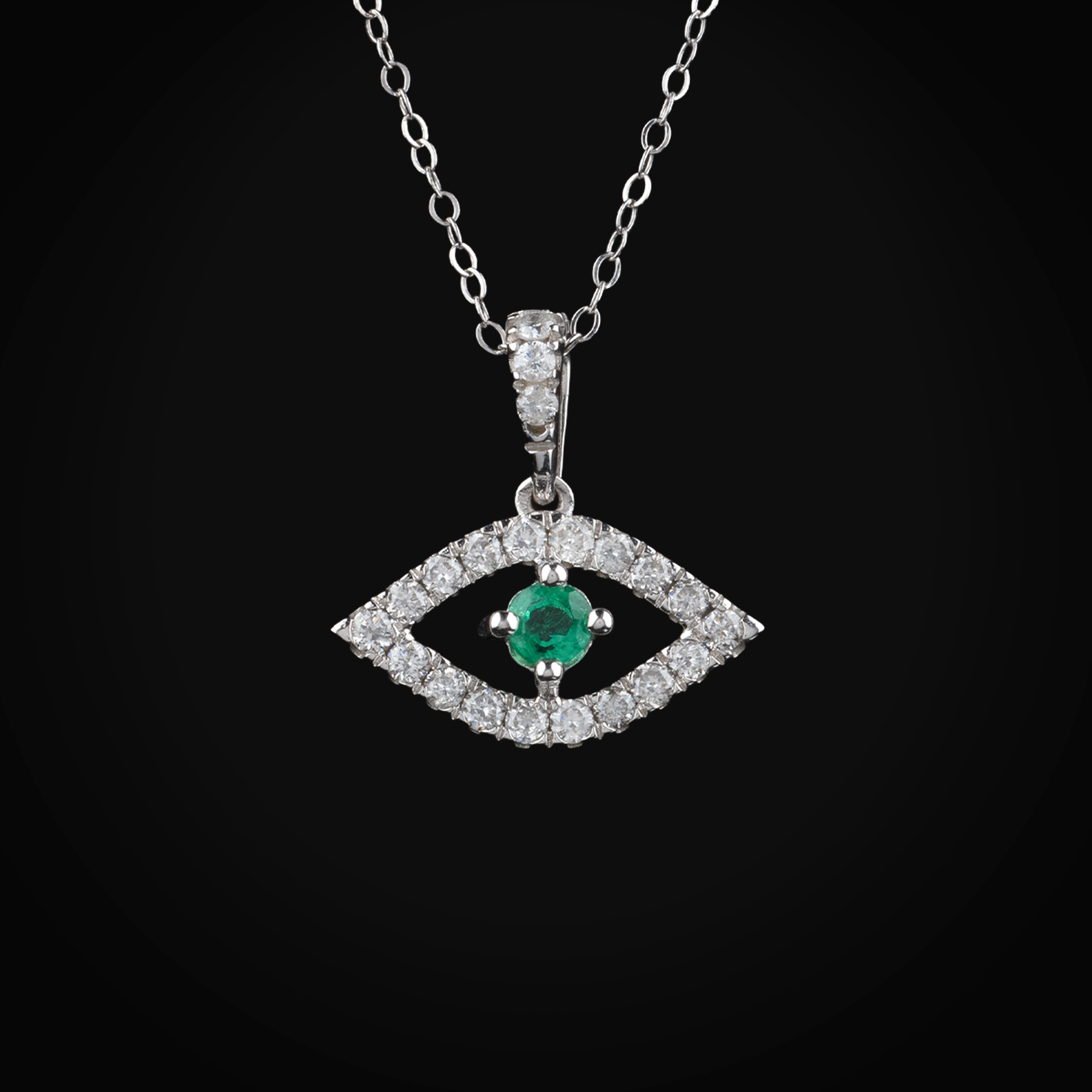 Cadena 14k Con Dije Ojo Turco Oro Blanca Diamantes De Mina Corte + Estuche