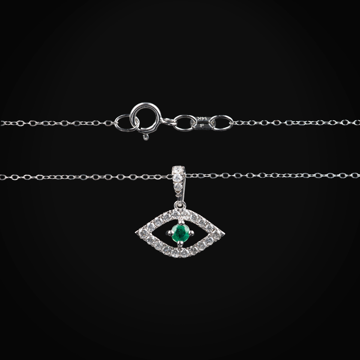 Cadena 14k Con Dije Ojo Turco Oro Blanca Diamantes De Mina Corte + Estuche