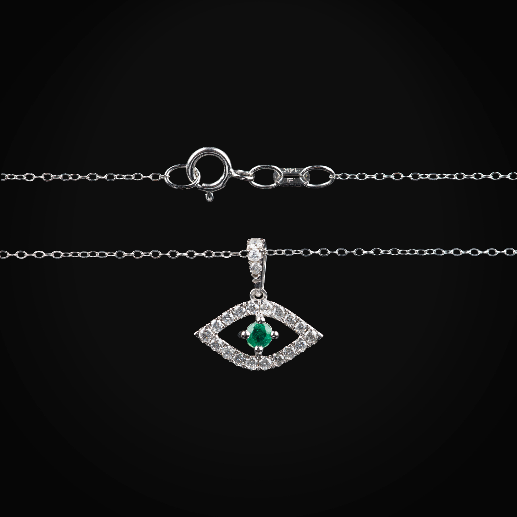 Cadena 14k Con Dije Ojo Turco Oro Blanca Diamantes De Mina Corte + Estuche