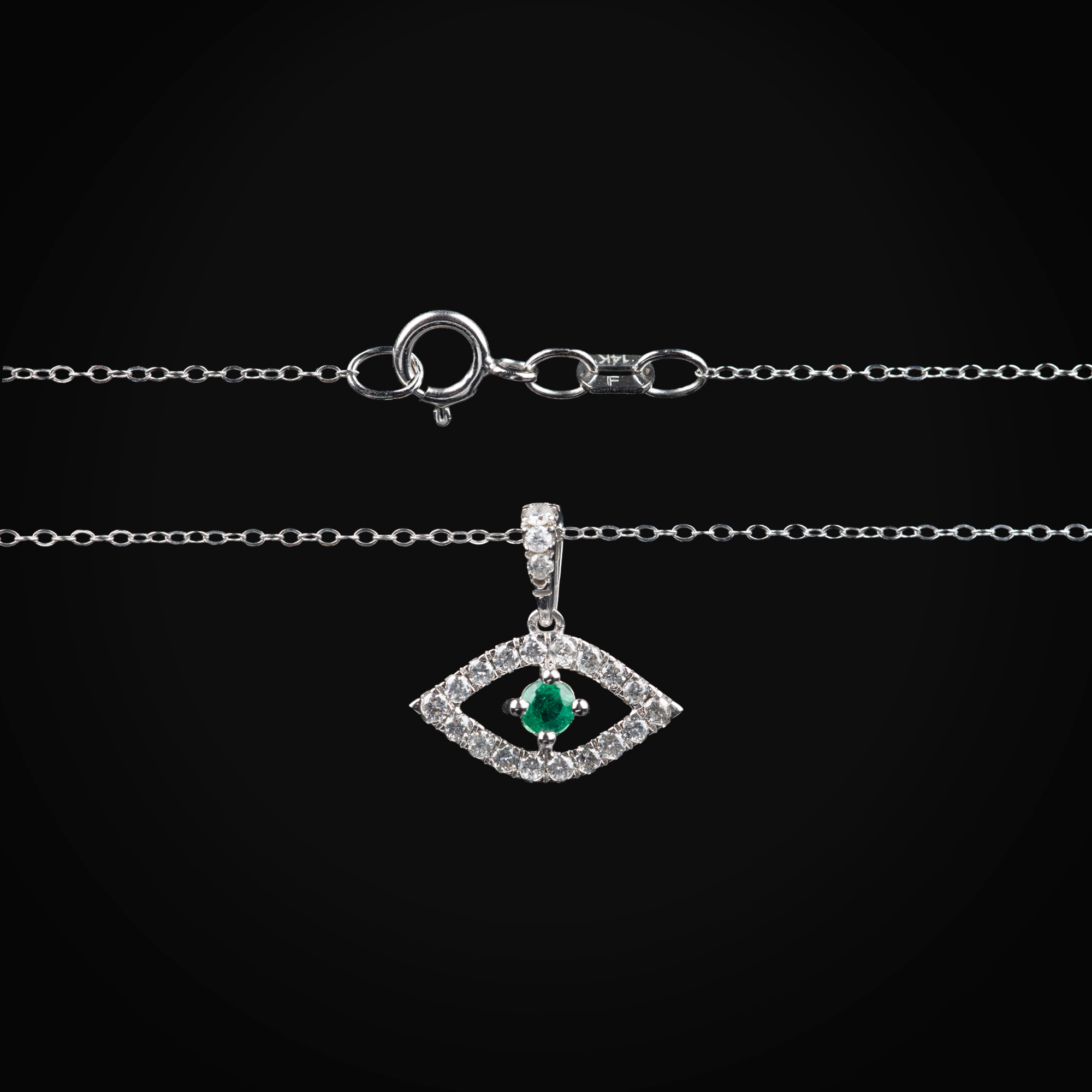 Cadena 14k Con Dije Ojo Turco Oro Blanca Diamantes De Mina Corte + Estuche