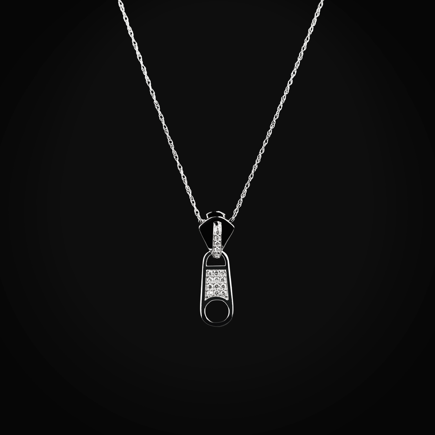 Cadena 14k con dije zipper oro blanco con diamantes de mina corte + Estuche