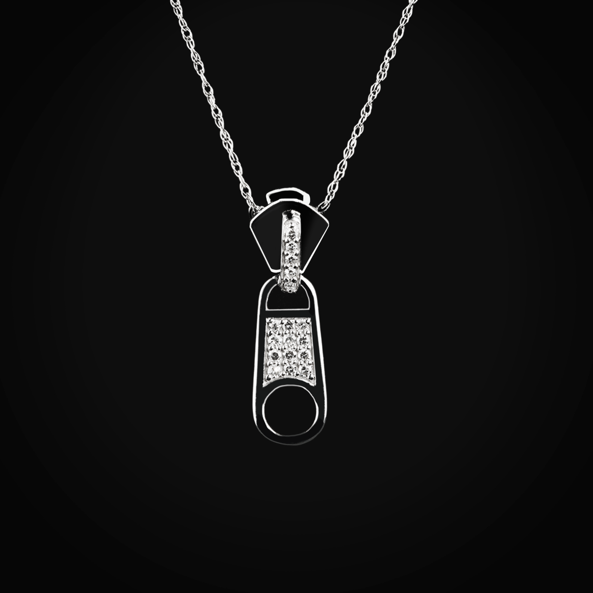 Cadena 14k con dije zipper oro blanco con diamantes de mina corte + Estuche