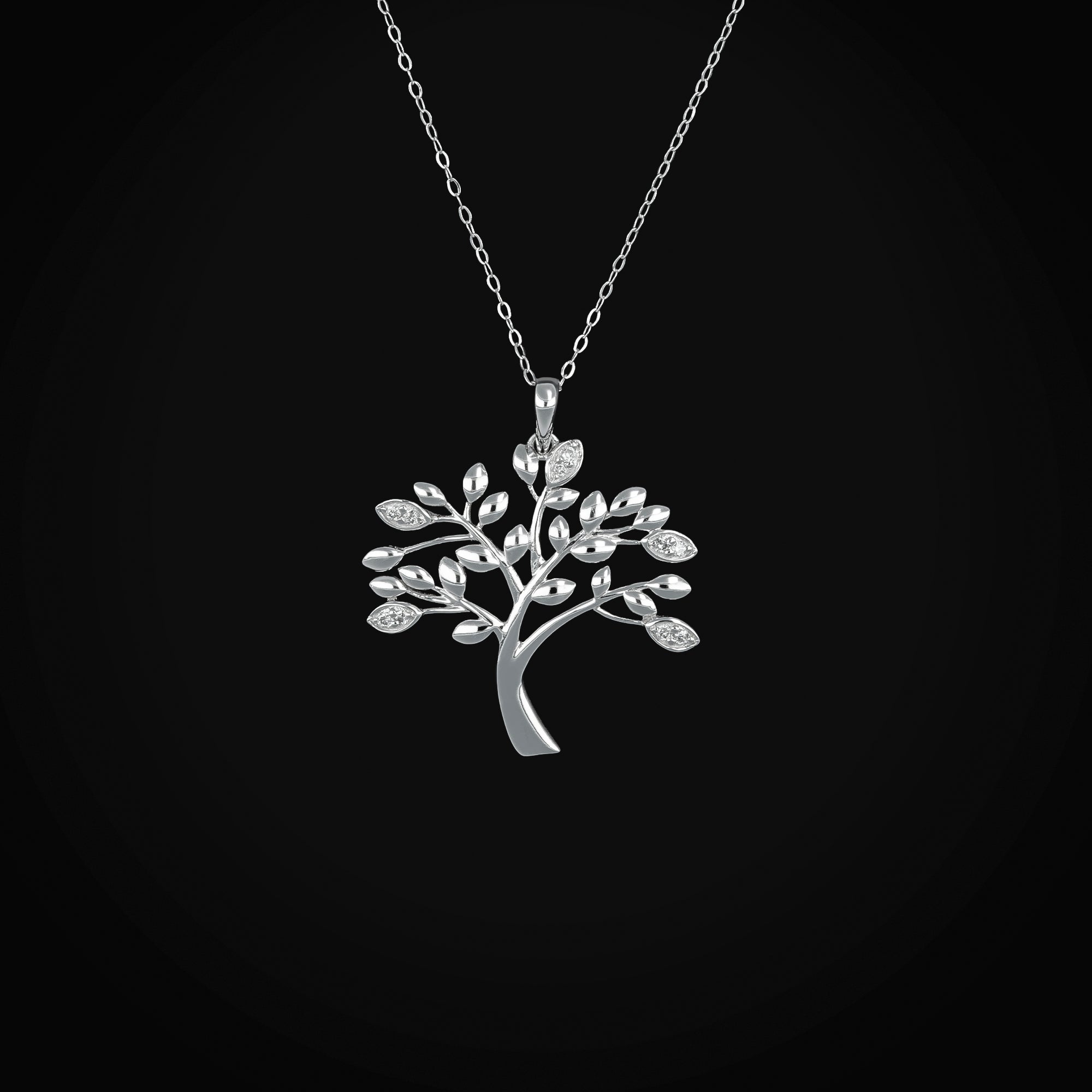 14k White Gold Tree Pendant Choker with Diamonds + Gift Box