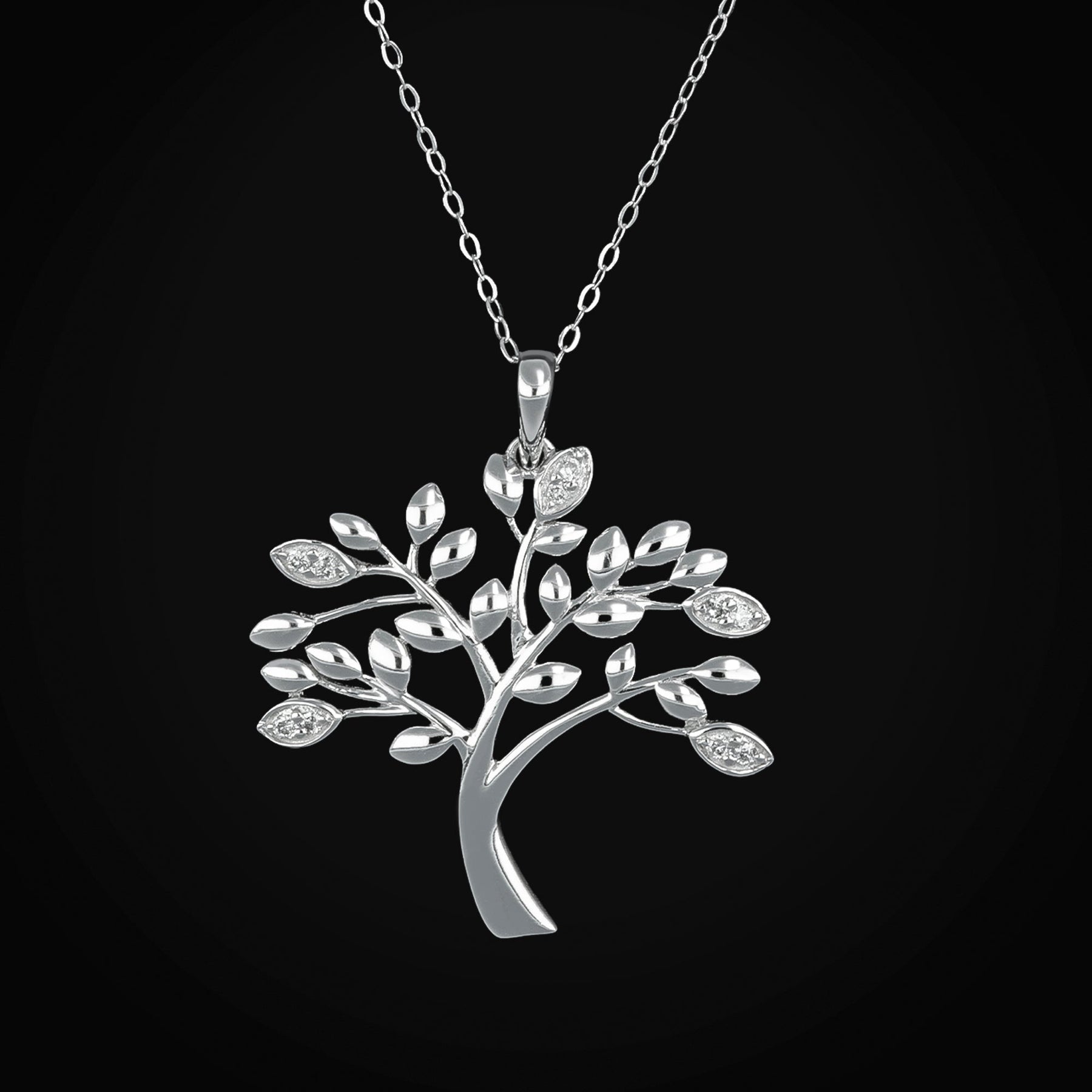 14k White Gold Tree Pendant Choker with Diamonds + Gift Box